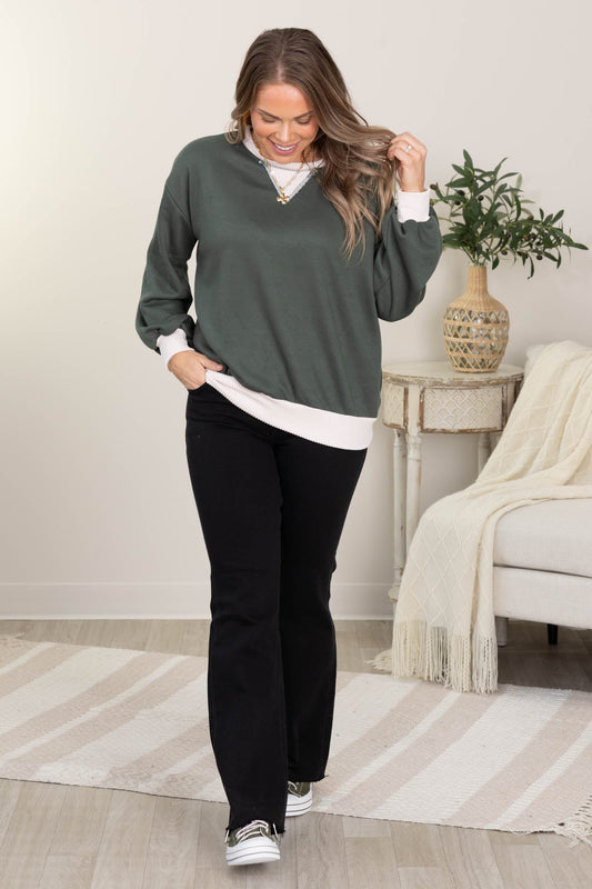 French Terry Knit Tops With Rib Trim Contrast