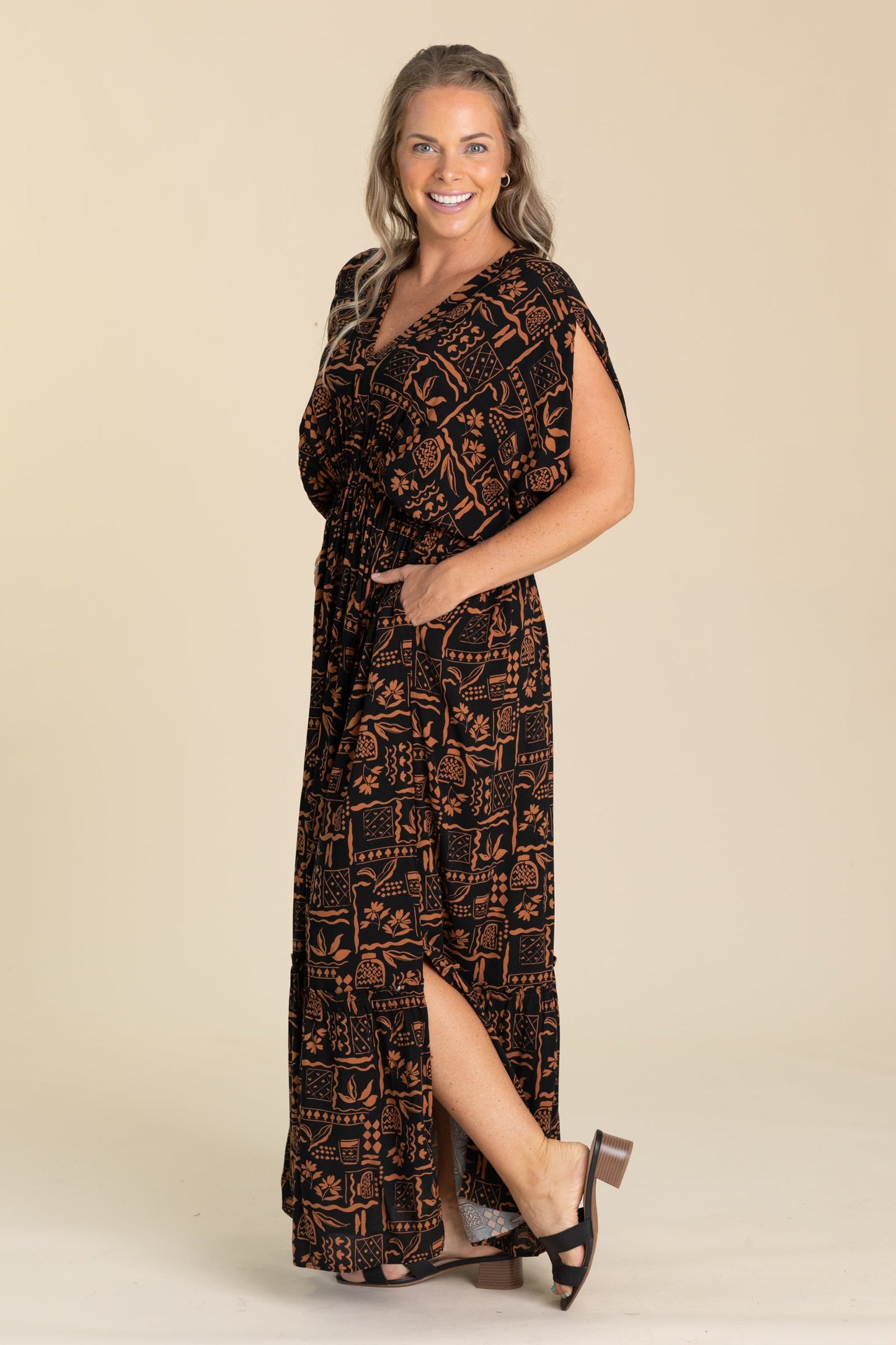 Black And Cinnamon Aztec Printed Maxi Dress