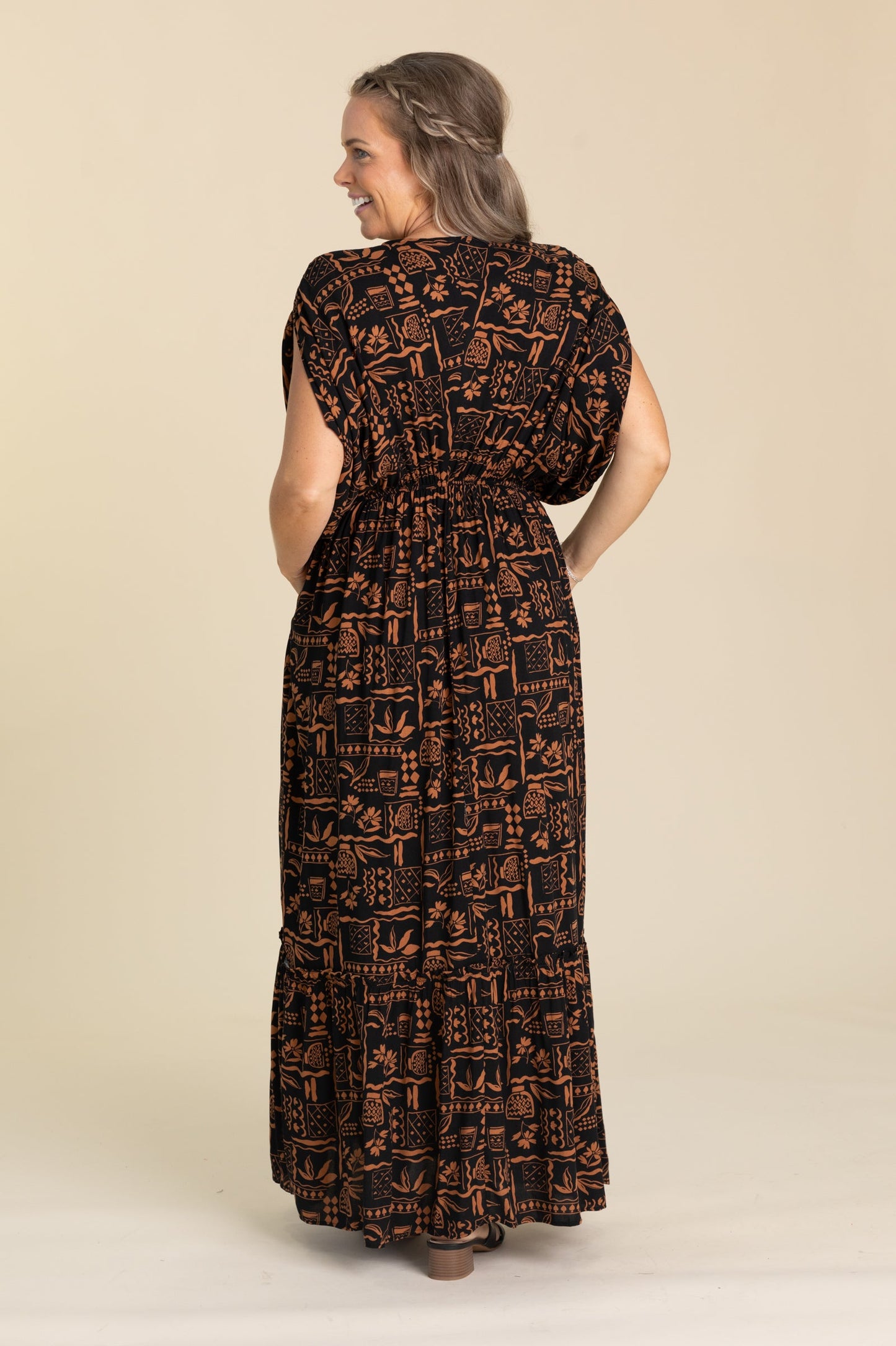Black And Cinnamon Aztec Printed Maxi Dress