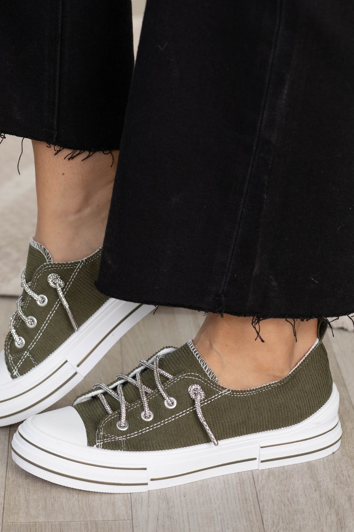 Olive Platform Sneakers With Sparkle Laces