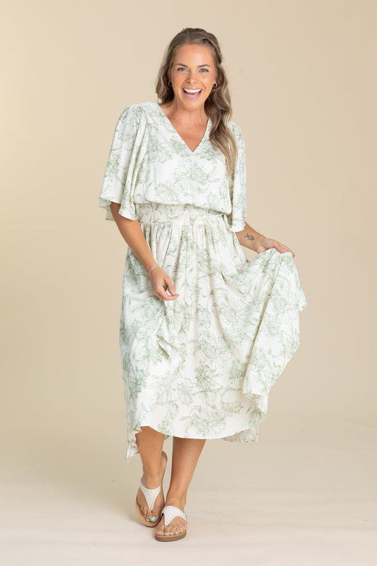 Ivory And Olive Floral Smocked Midi Dress
