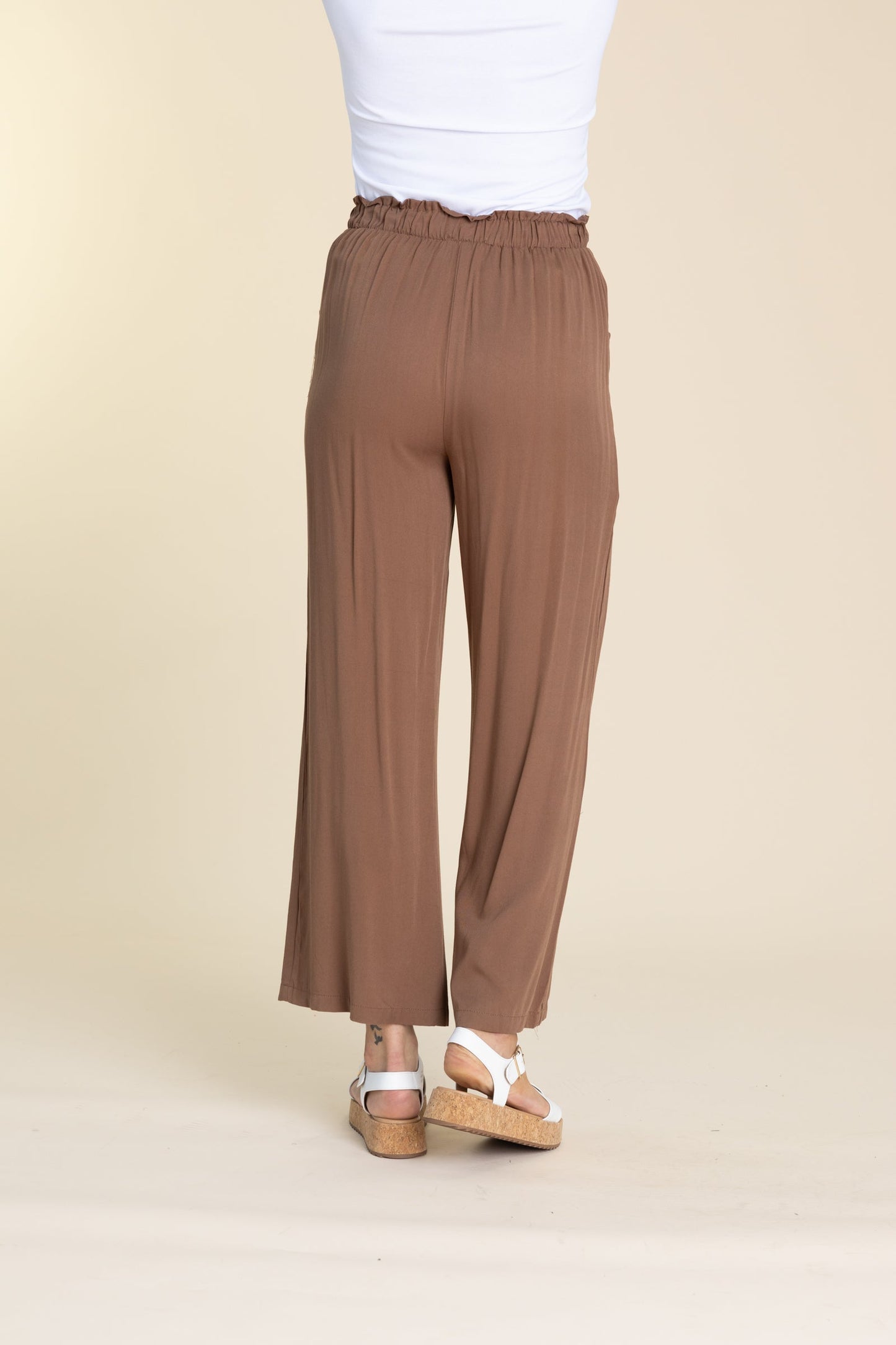 Brown Elastic Waist Wide Leg Pants