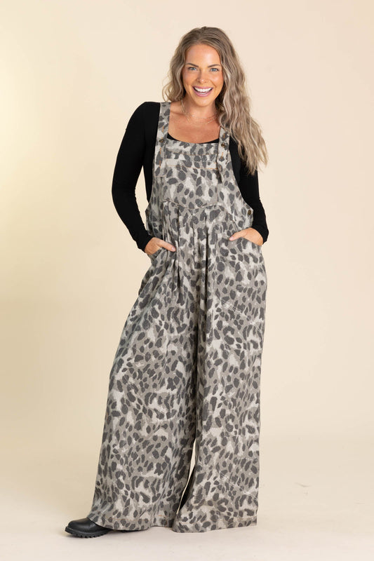 Beige Grey Animal Wide Leg Jumpsuit