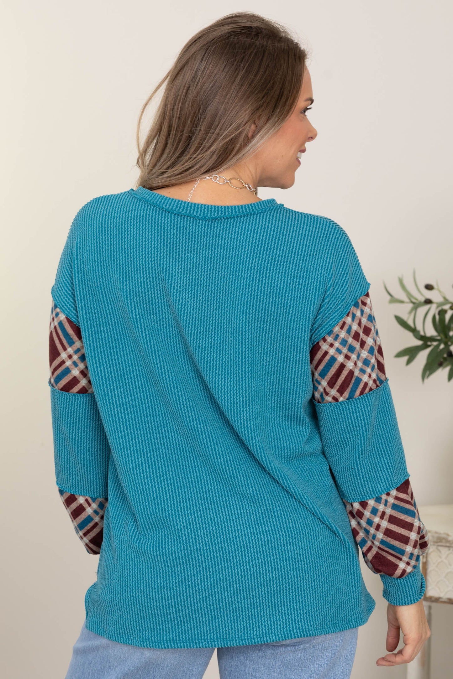 Rib Knit Tops With Colorblock Plaid Sleeves