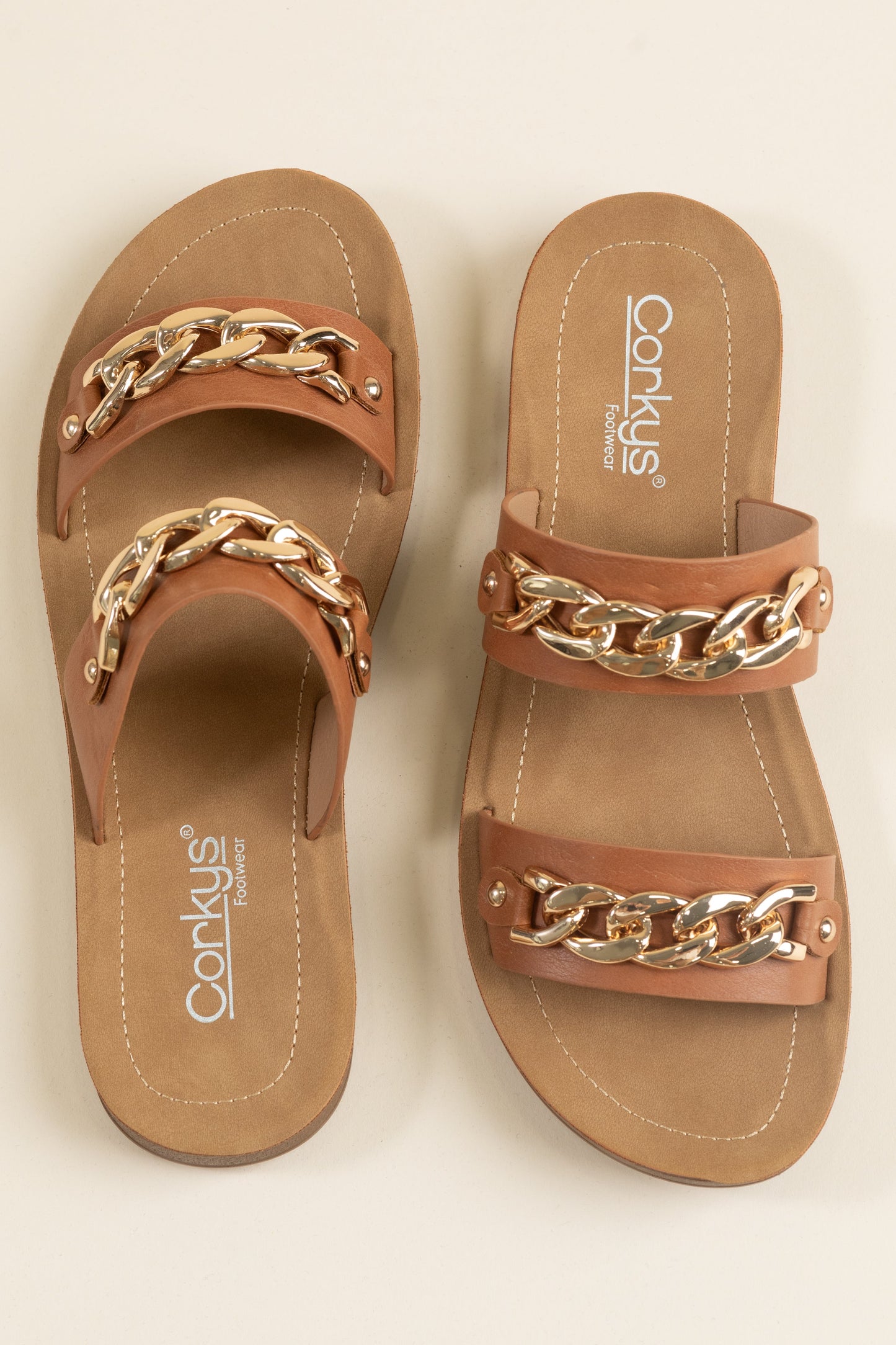 Corkys Cognac Double Gold Strap Sandals
