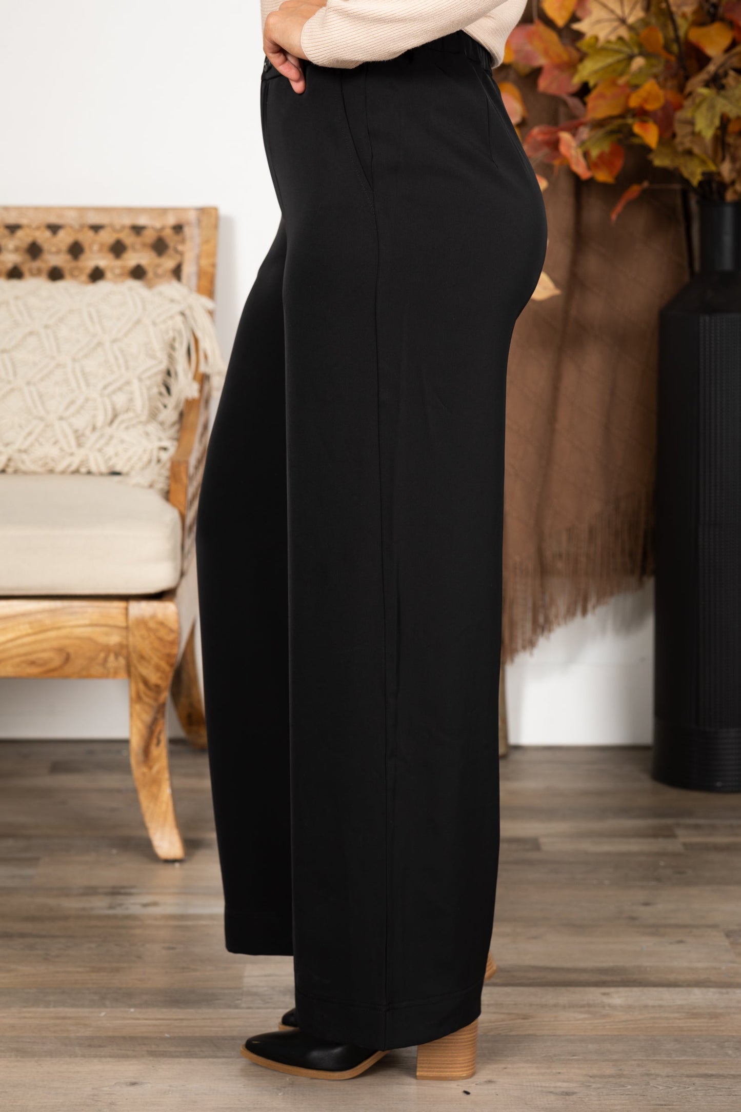 Black Solid Waist Band Wide Leg Pants