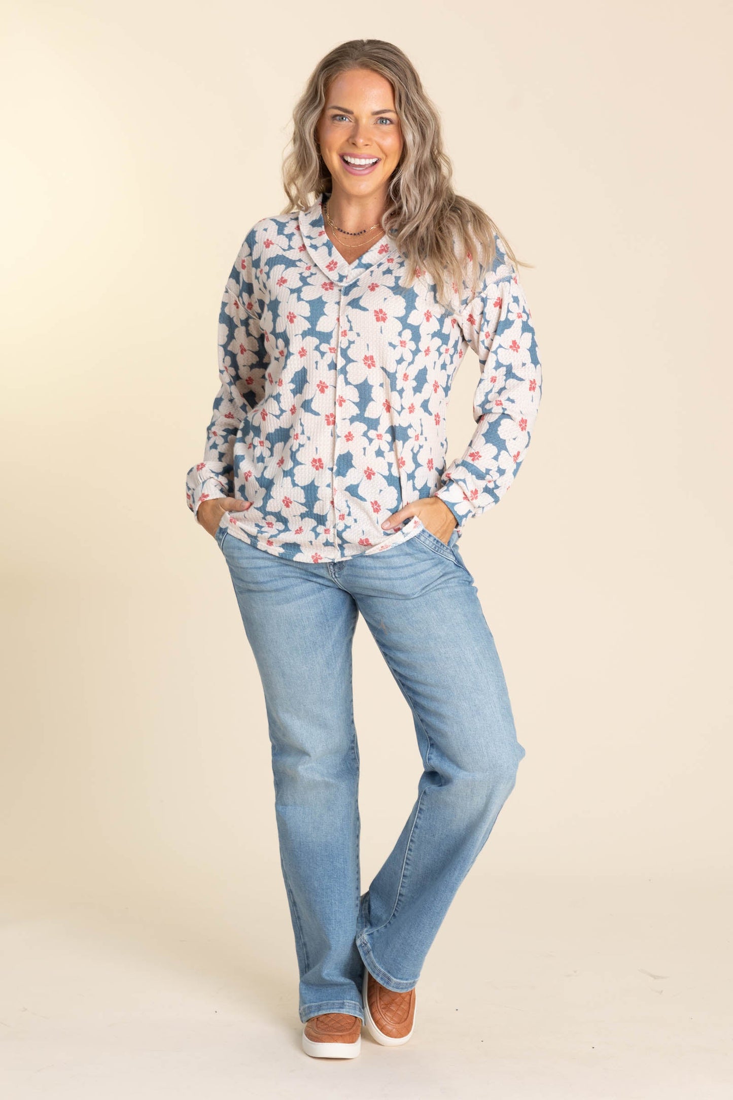 Slate Blue Exposed Seam With Floral Knit Top