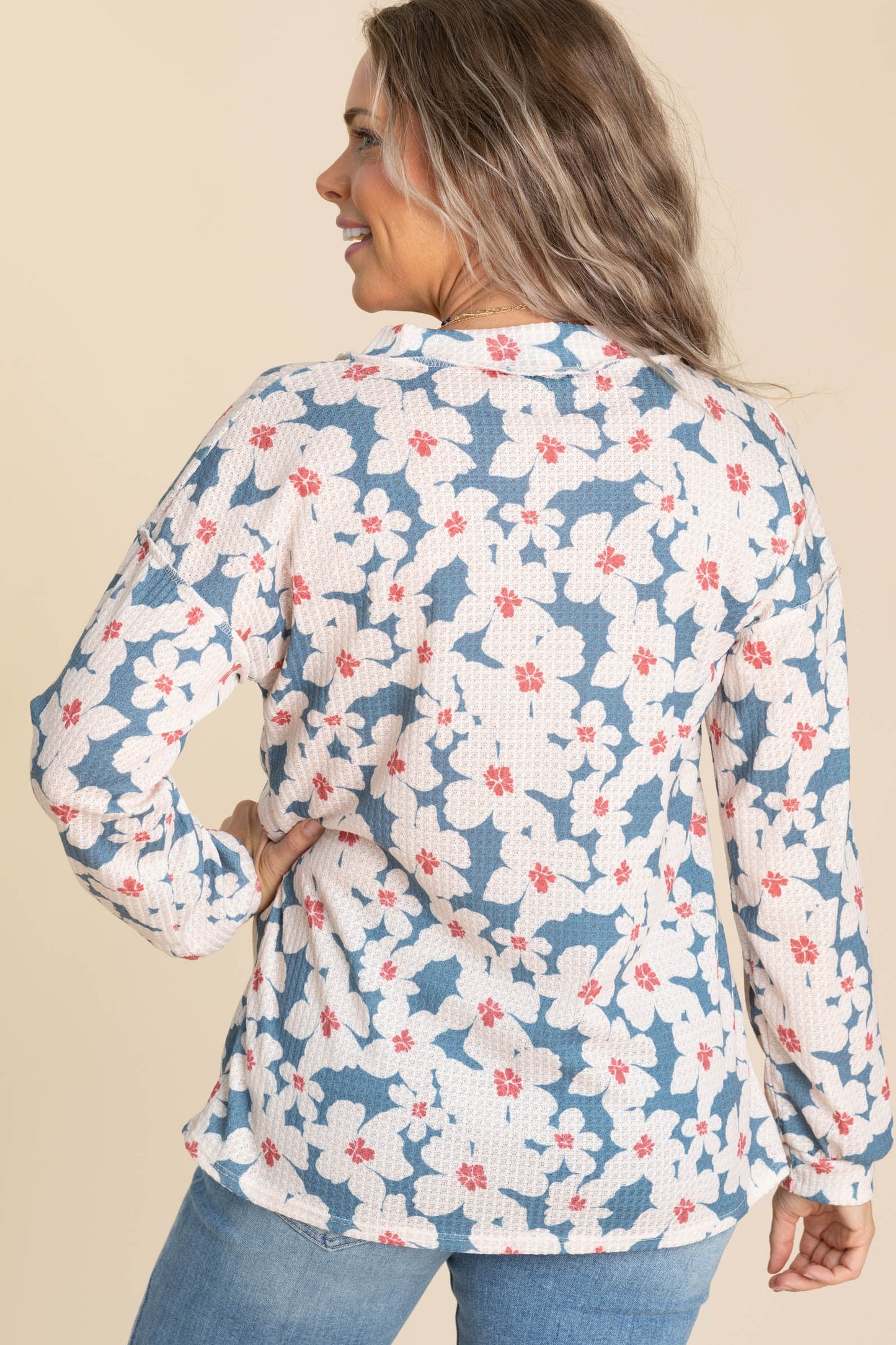 Slate Blue Exposed Seam With Floral Knit Top