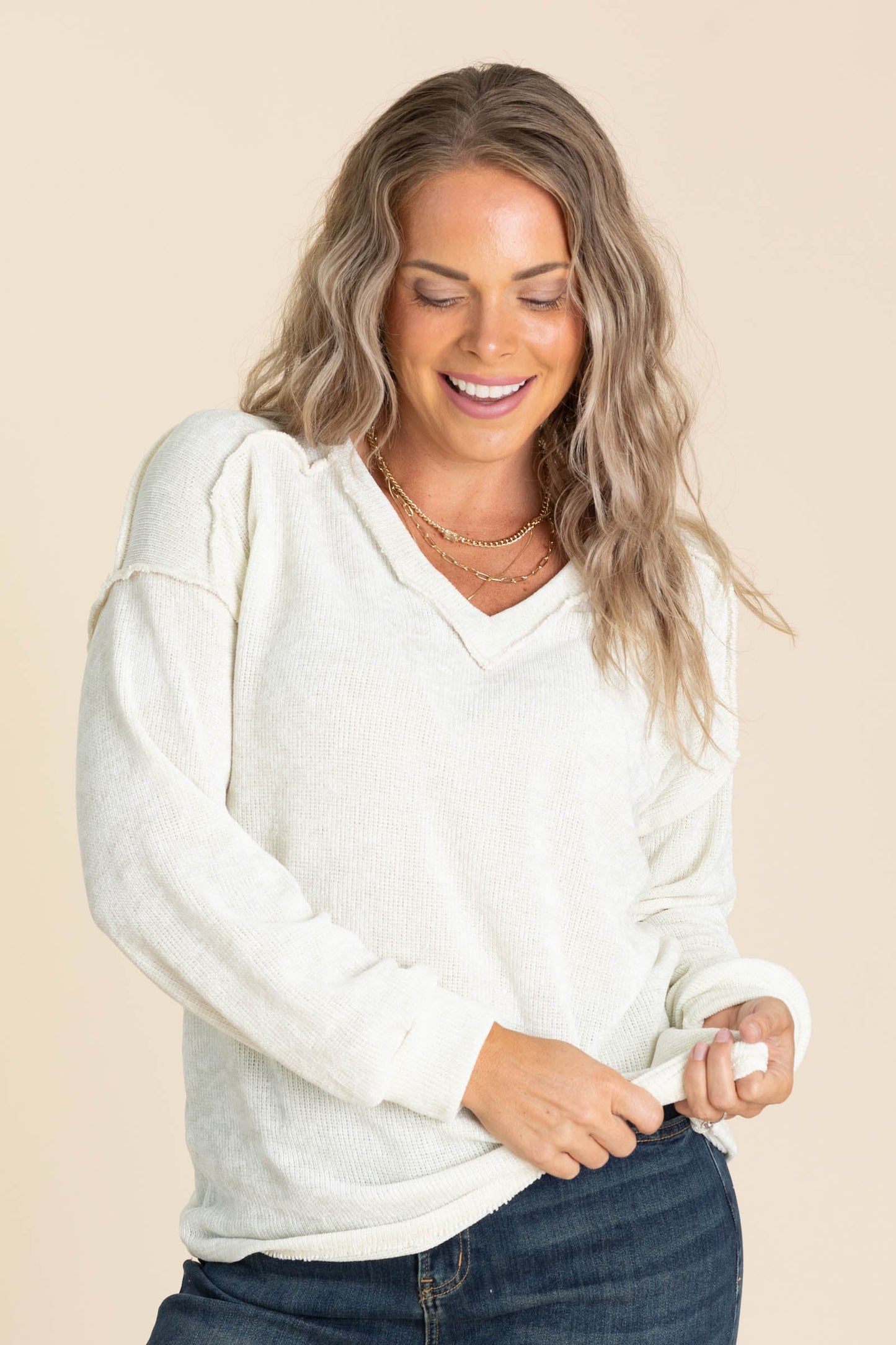 Chenille V-Neck Comfy Knit Tops