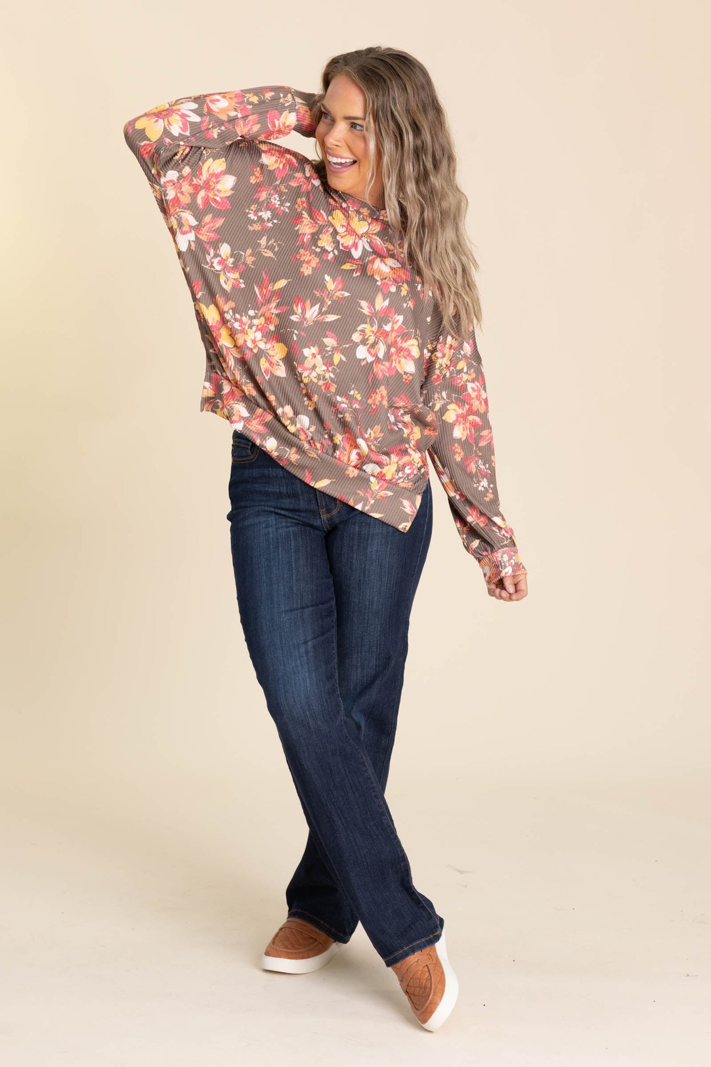 Mocha And Coral Floral Ribbed Knit Top