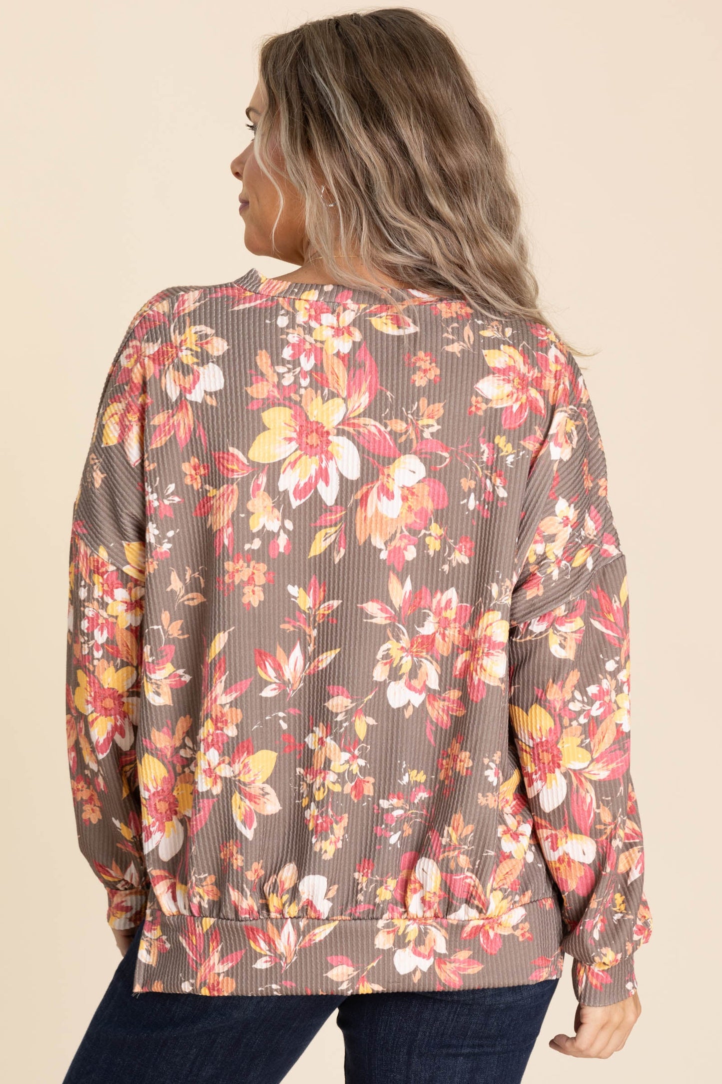 Mocha And Coral Floral Ribbed Knit Top