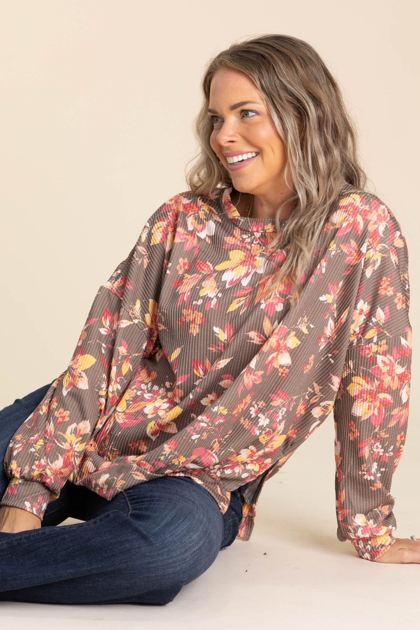 Mocha And Coral Floral Ribbed Knit Top