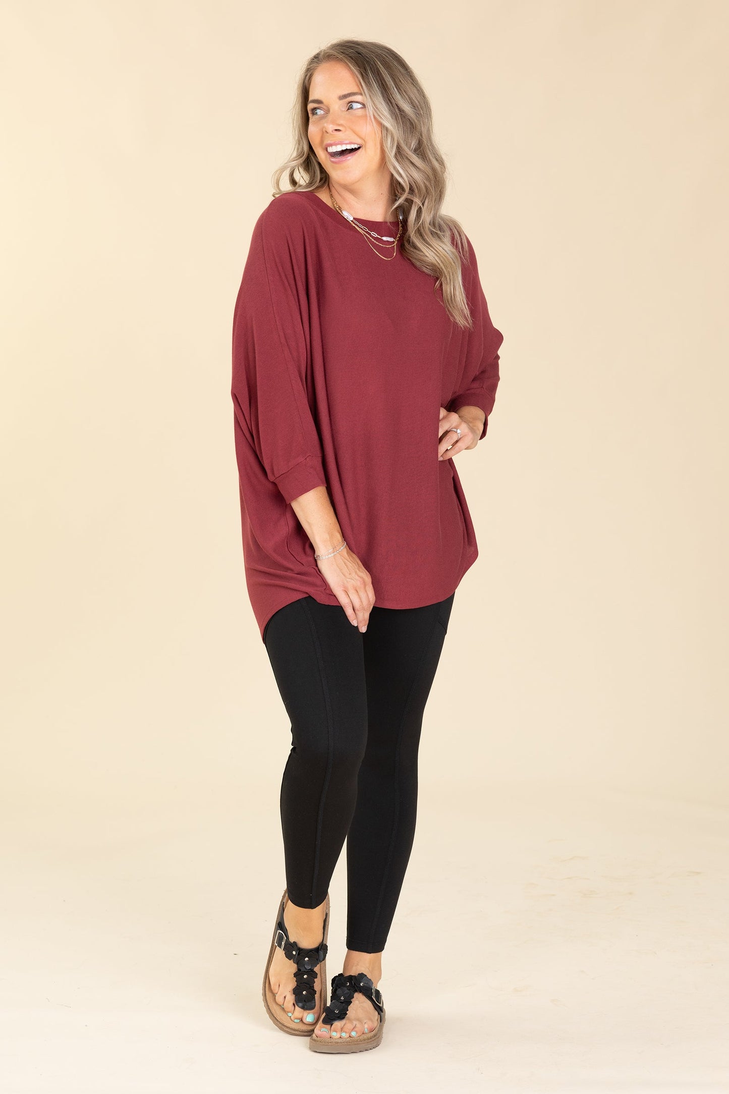 Boatneck Dolman Quarter Sleeve Knit Tops