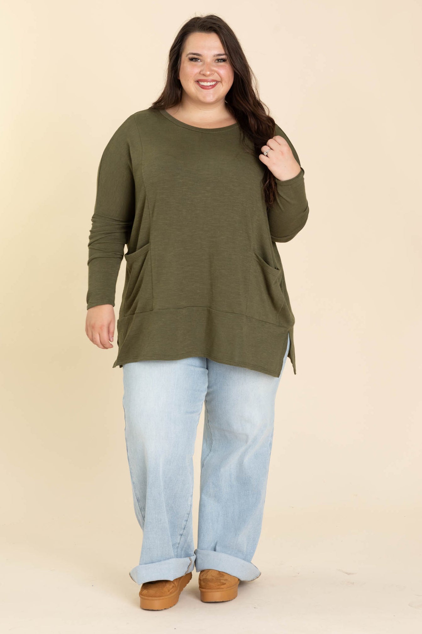 Solid Knit Tops Long Sleeves With Side Pockets
