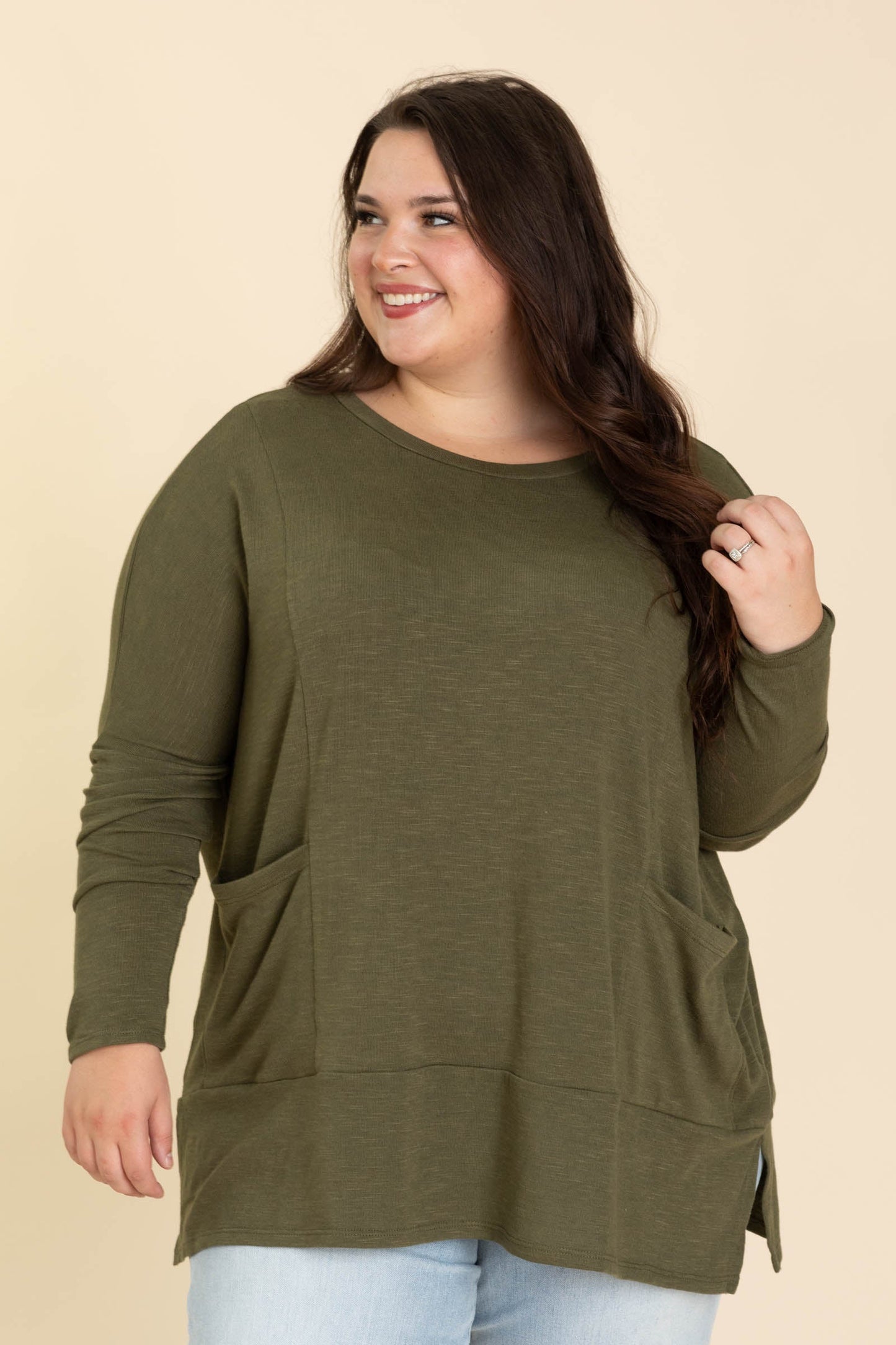 Solid Knit Tops Long Sleeves With Side Pockets