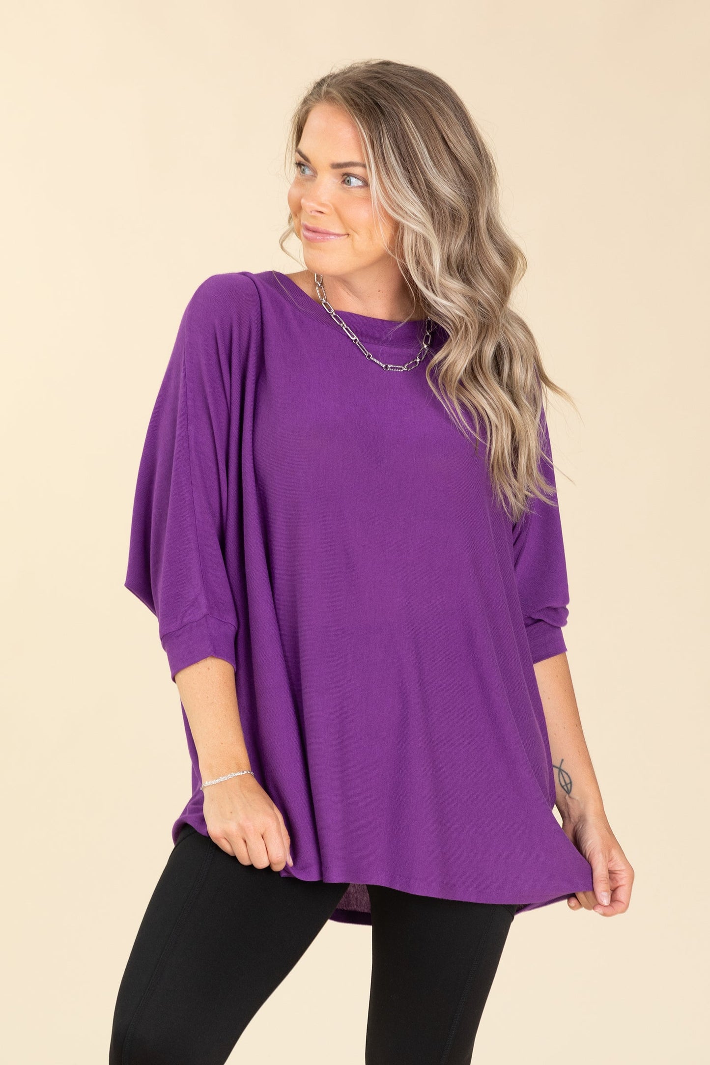 Boatneck Dolman Quarter Sleeve Knit Tops