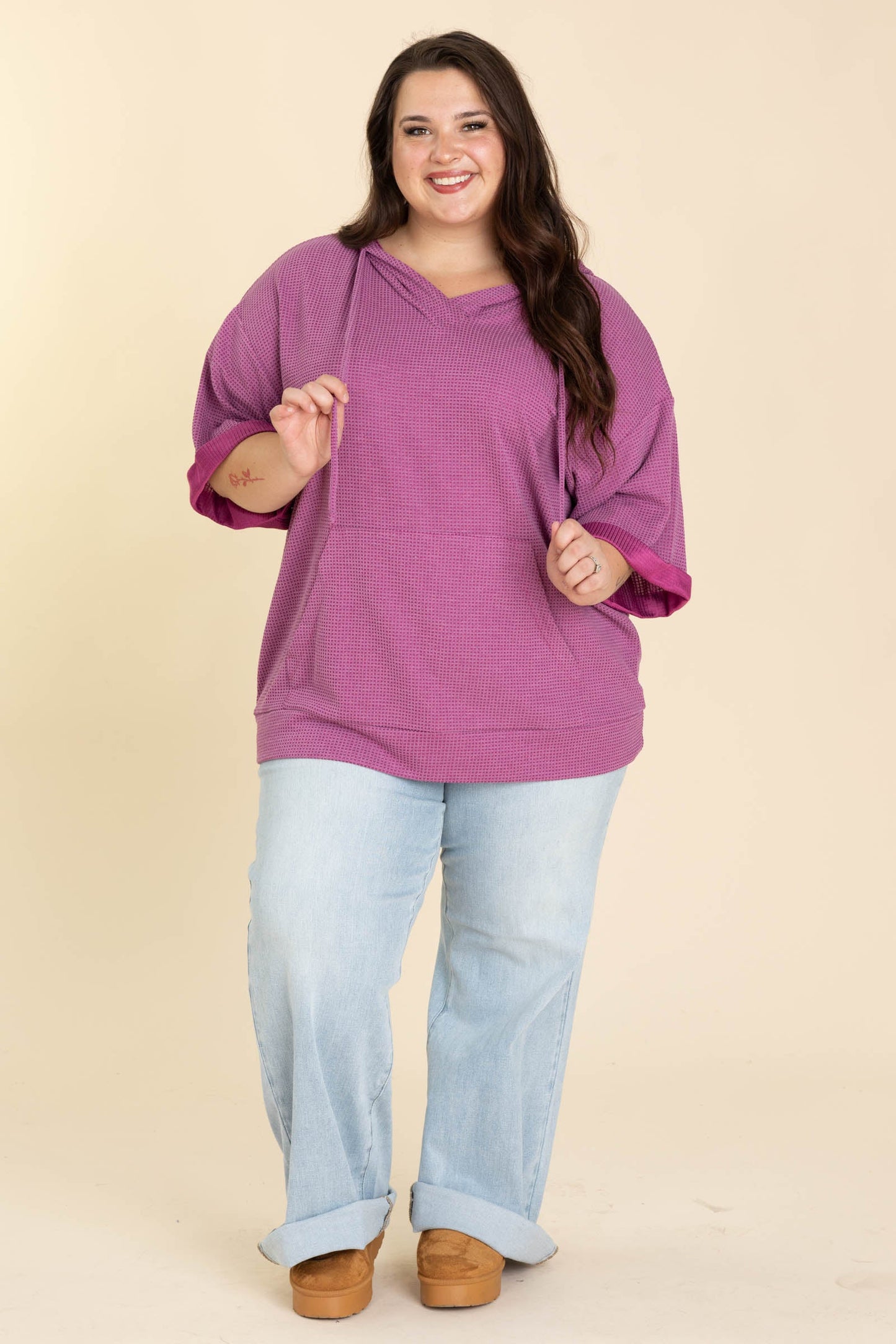 Oversized Waffle Knit Hoodie Tops