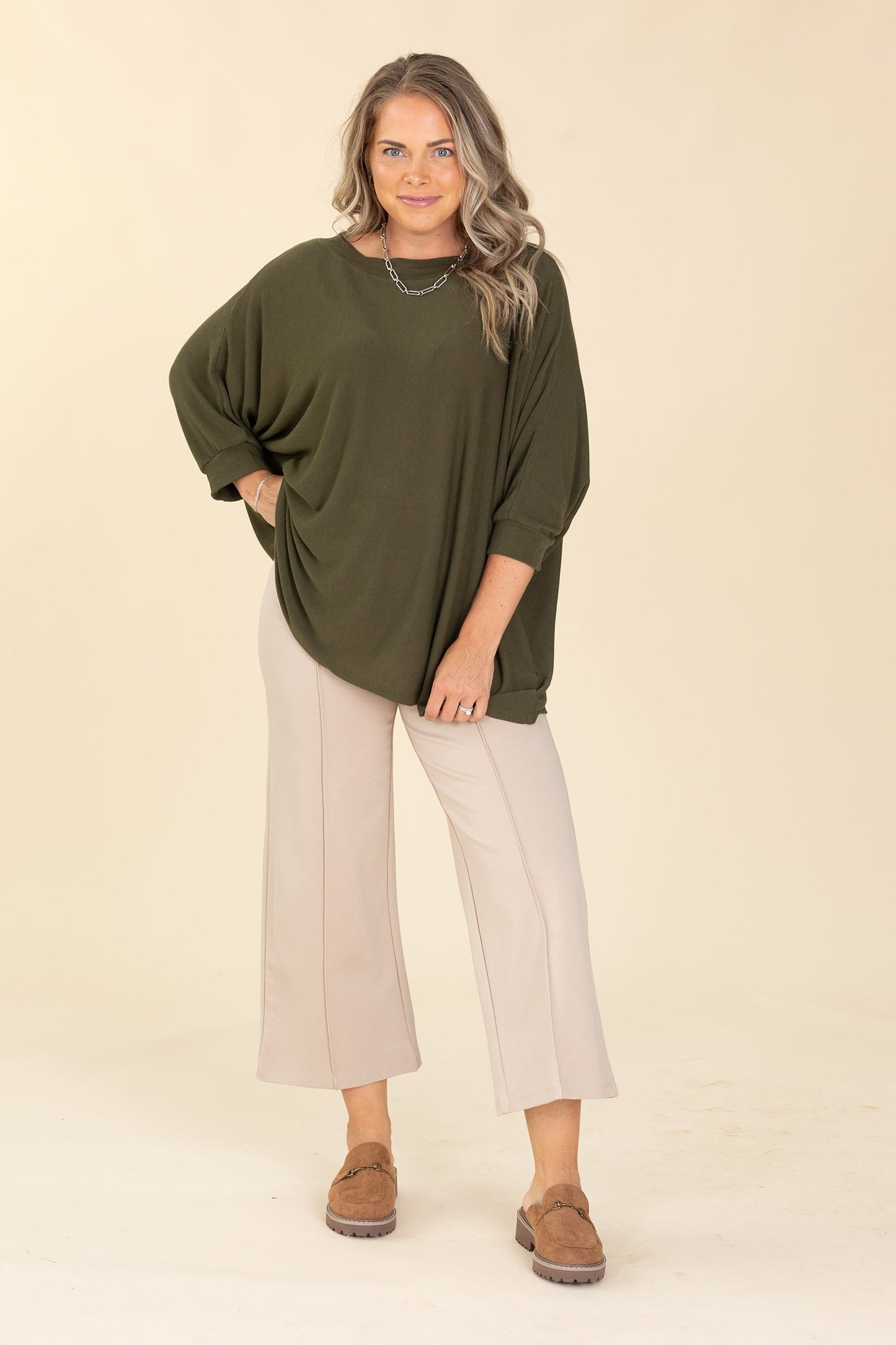 Boatneck Dolman Quarter Sleeve Knit Tops