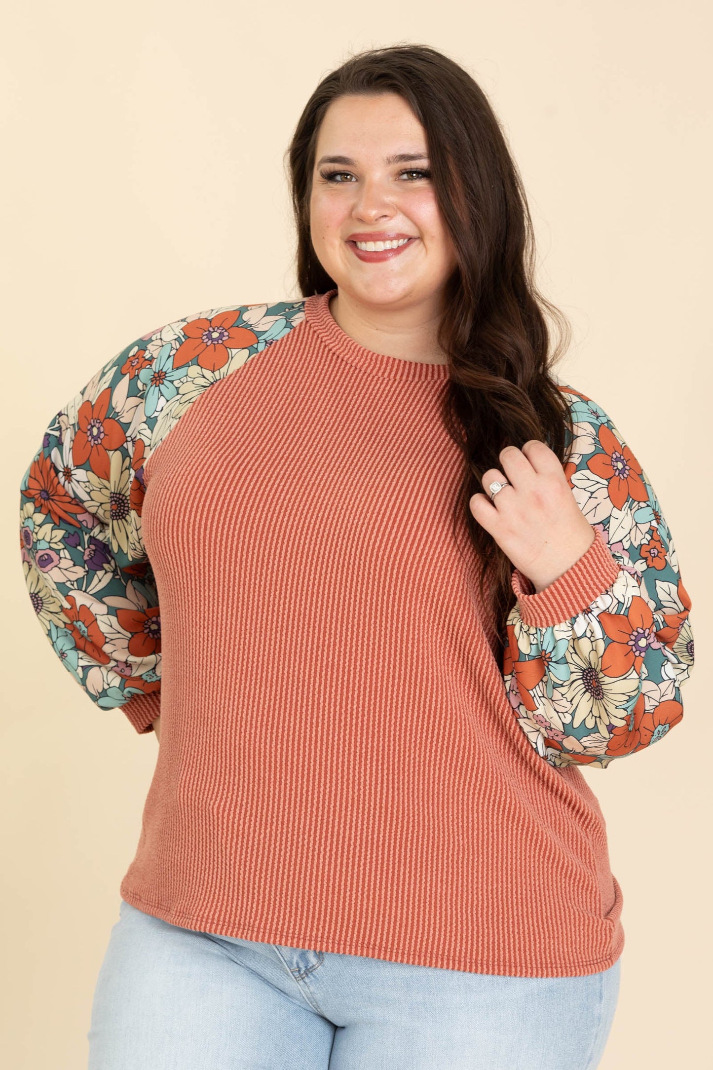 Ribbed Knit Tops With Floral Long Sleeves