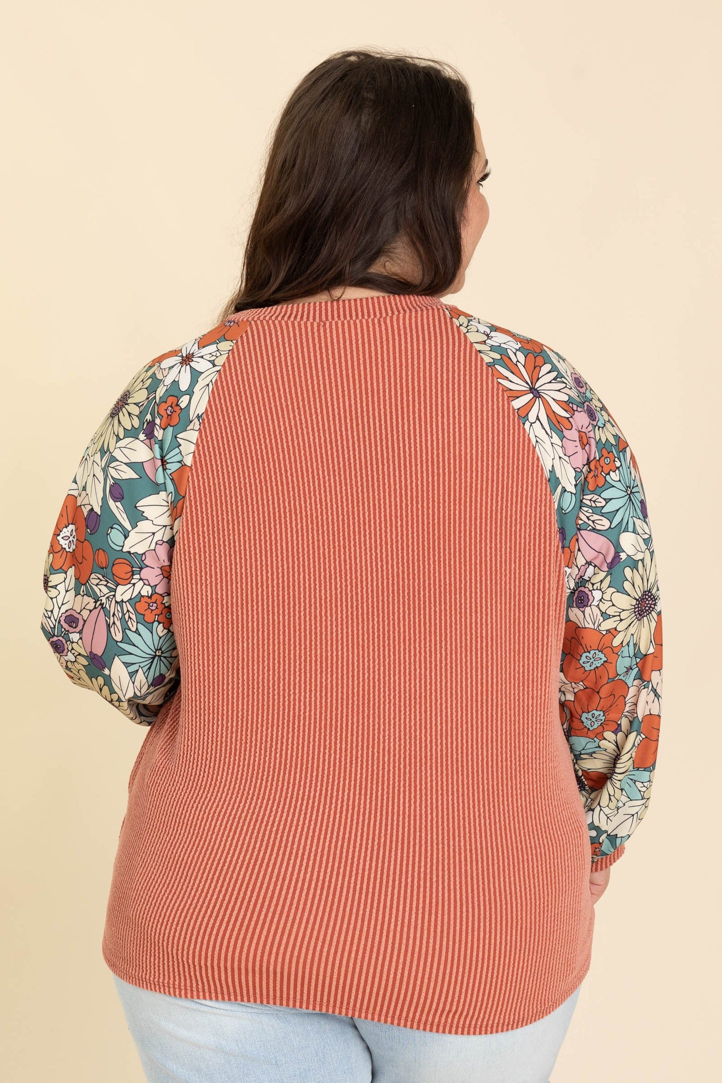 Ribbed Knit Tops With Floral Long Sleeves