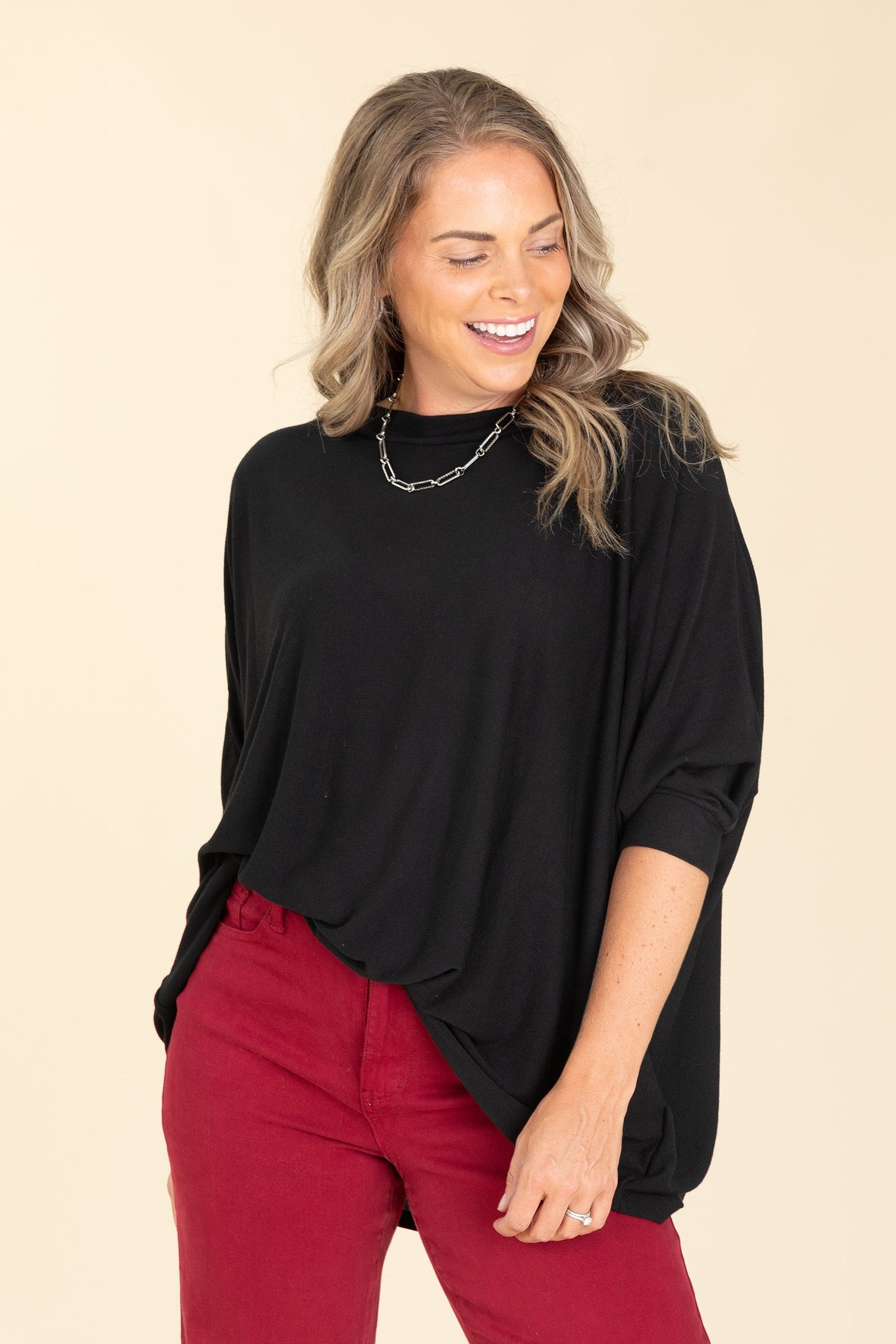Boatneck Dolman Quarter Sleeve Knit Tops
