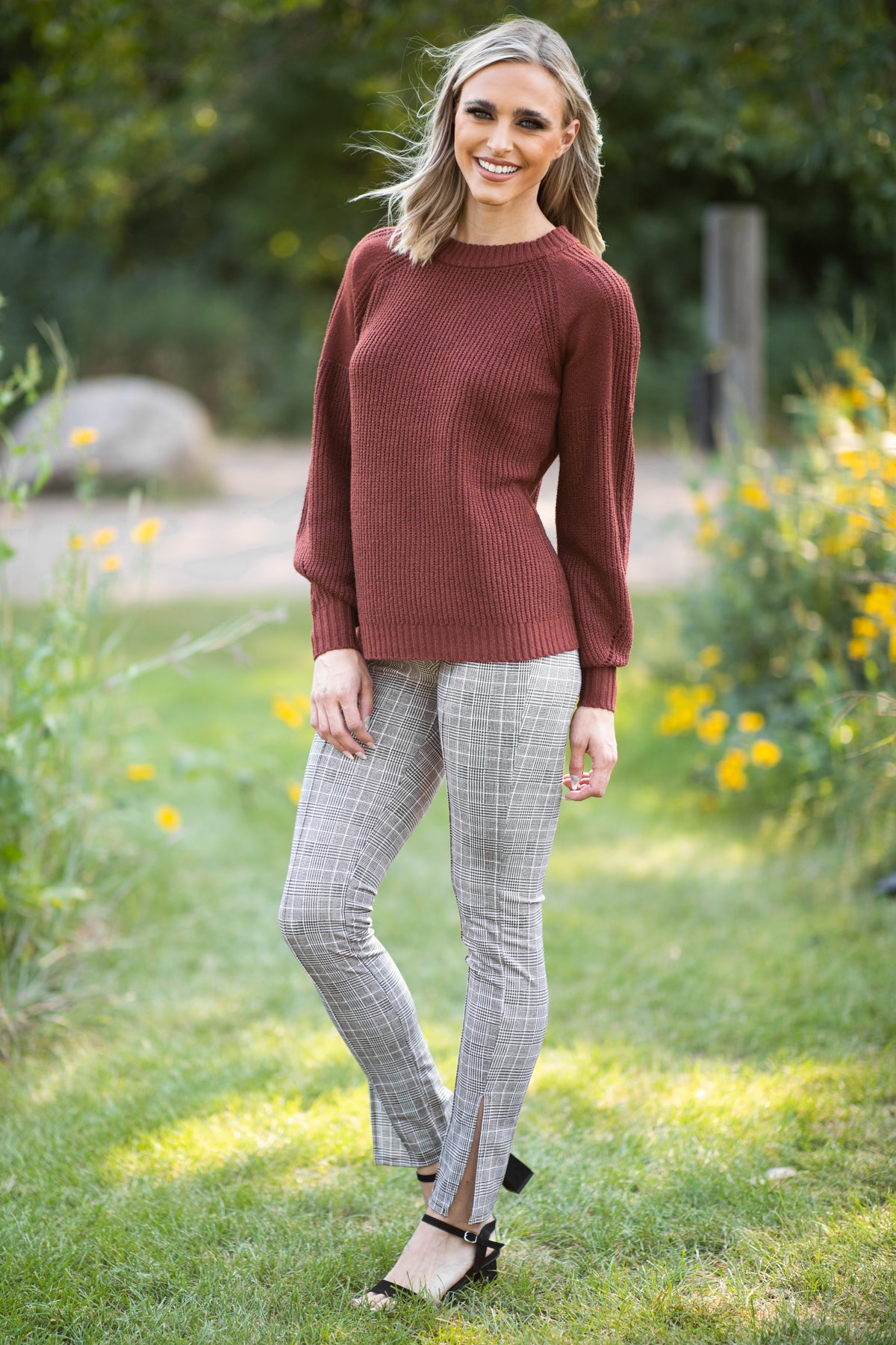 Brown and White Plaid Pull On Pants