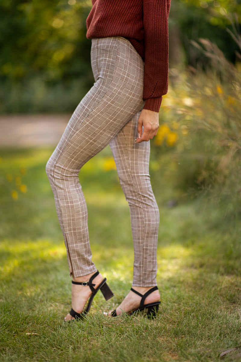 Brown and White Plaid Pull On Pants