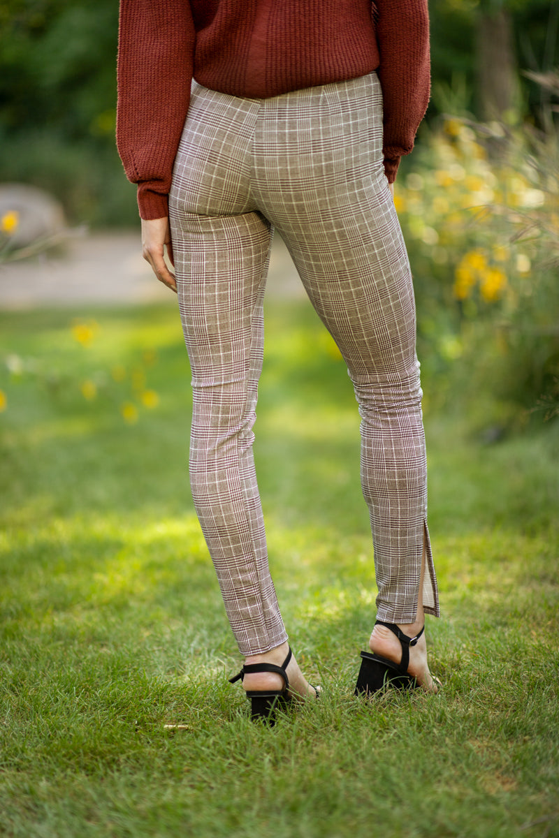 Brown and White Plaid Pull On Pants