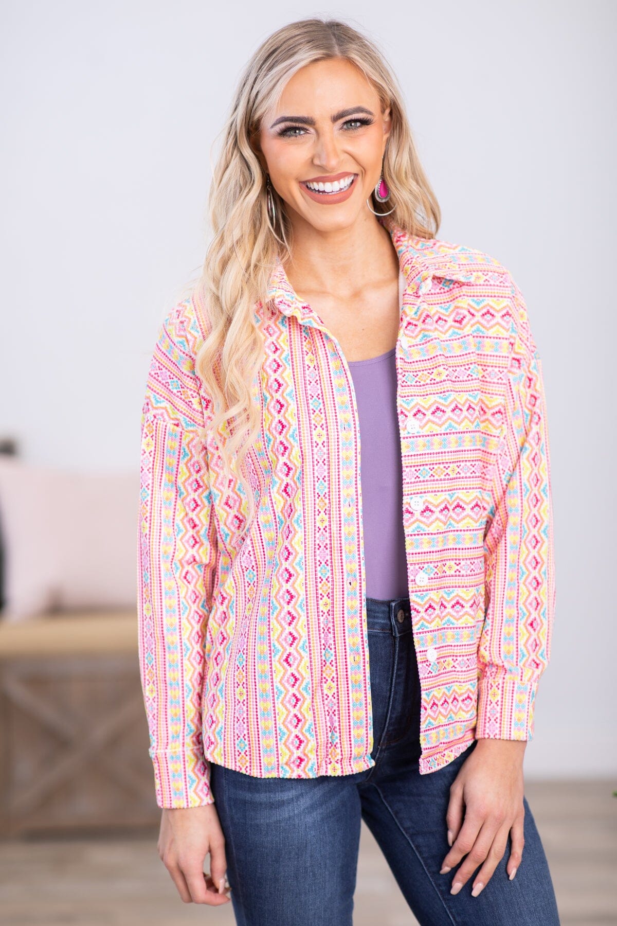 Pink Multicolor Aztec Stripe Jacket