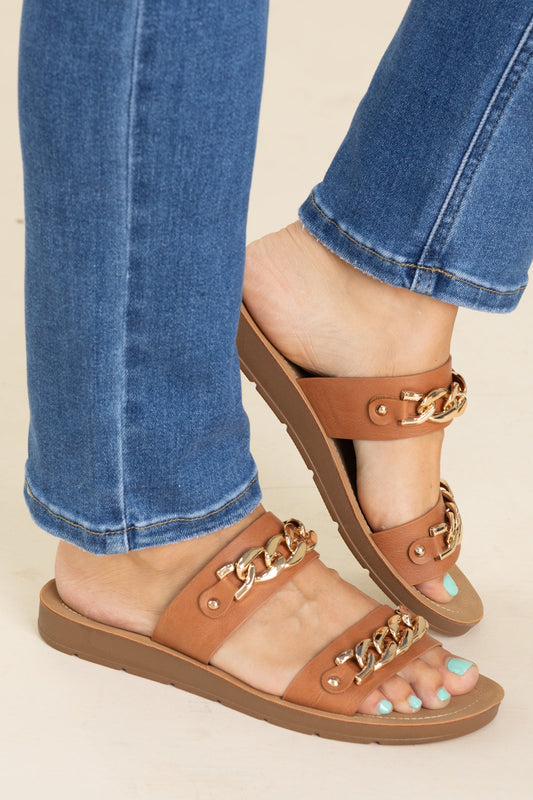 Corkys Cognac Double Gold Strap Sandals