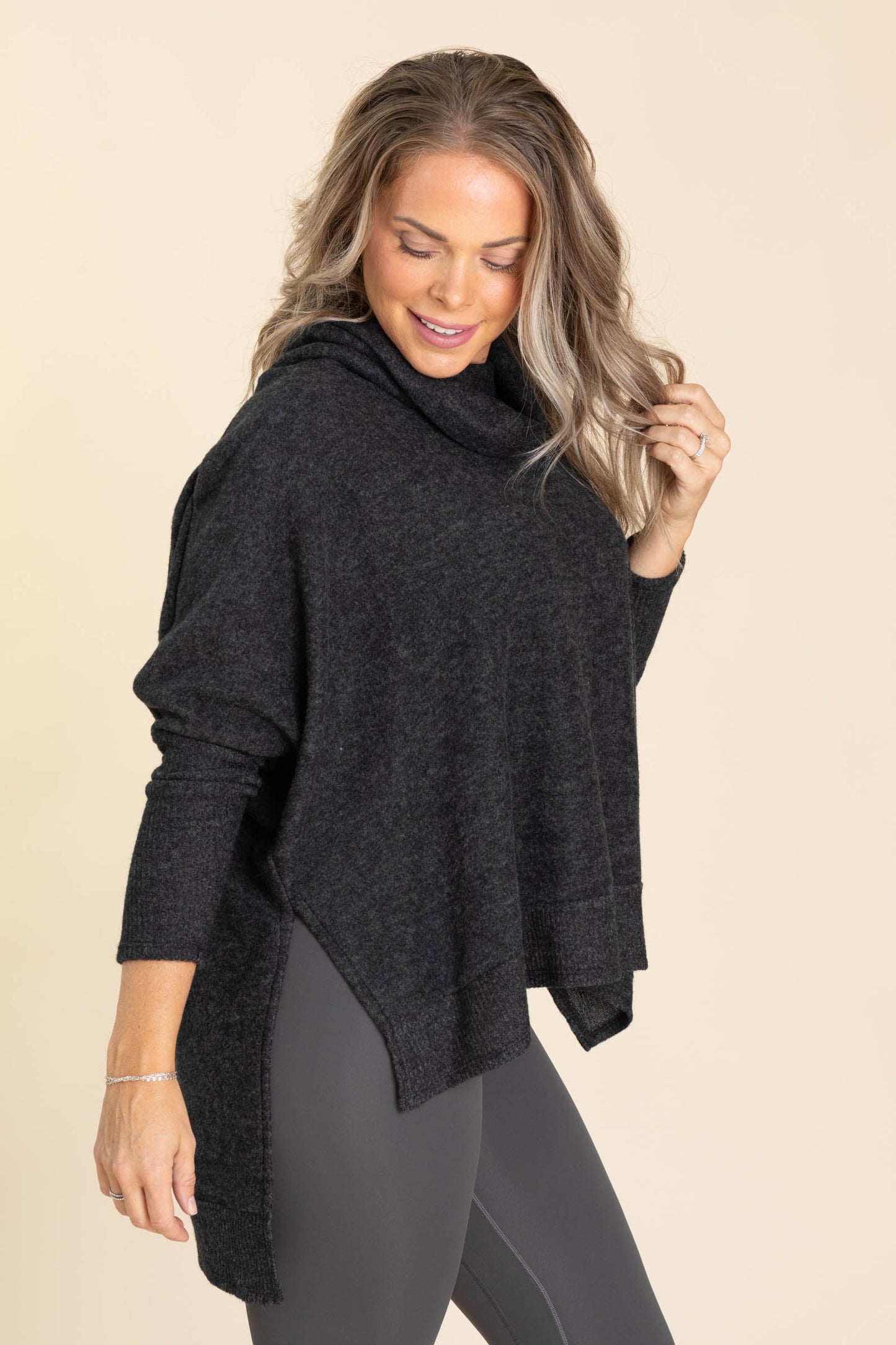 Cowl Neck High-Low Knit Tunic Top