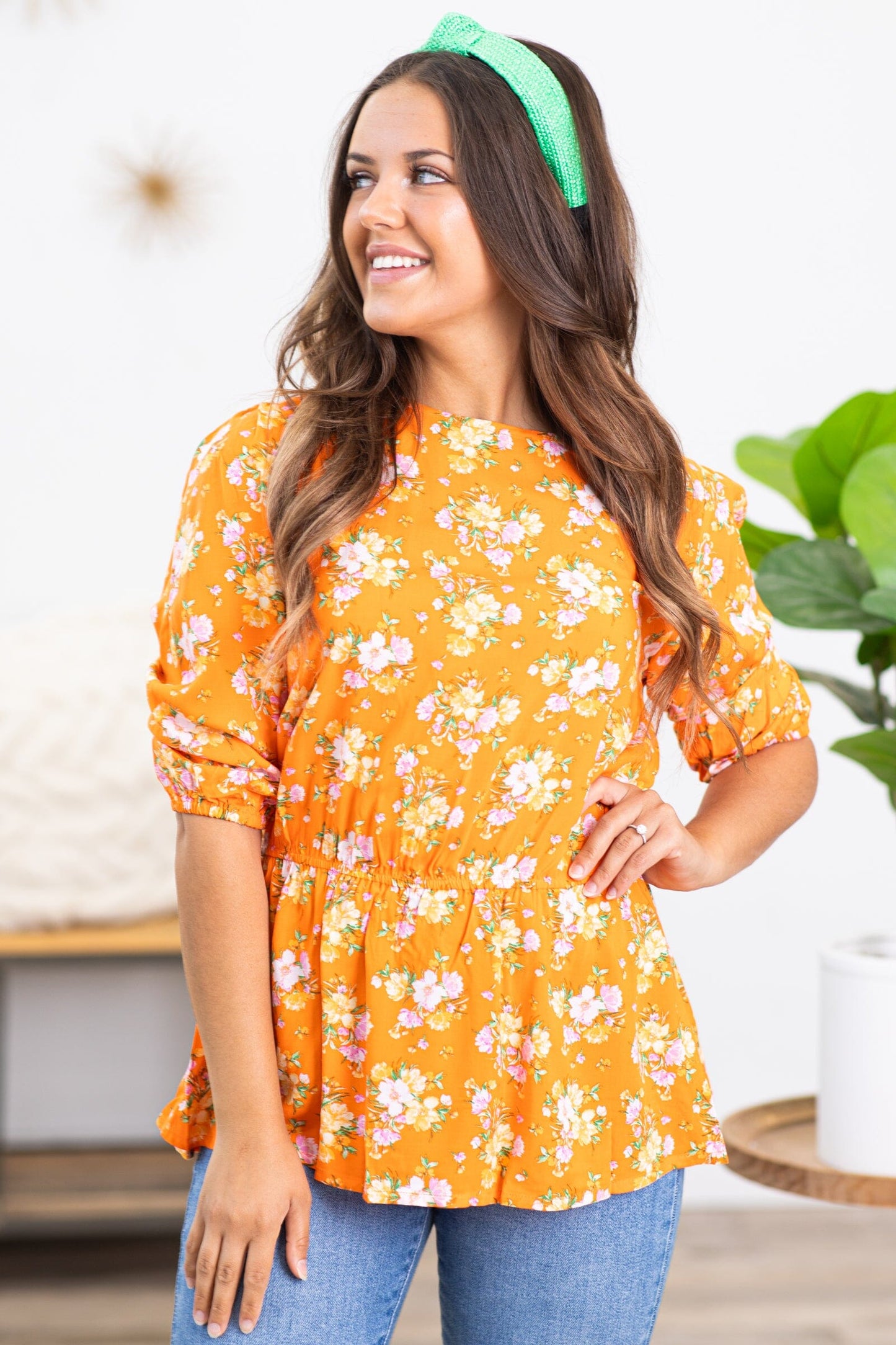 Orange and Sage Floral Print Top