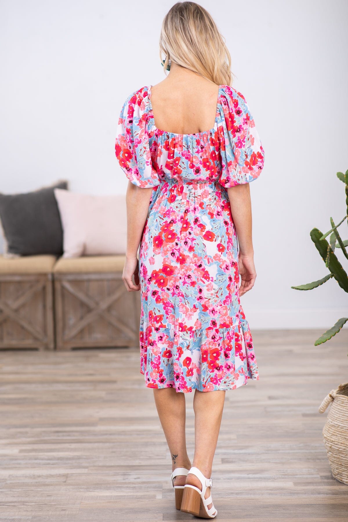 Sky Blue and Pink Puff Sleeve Floral Dress
