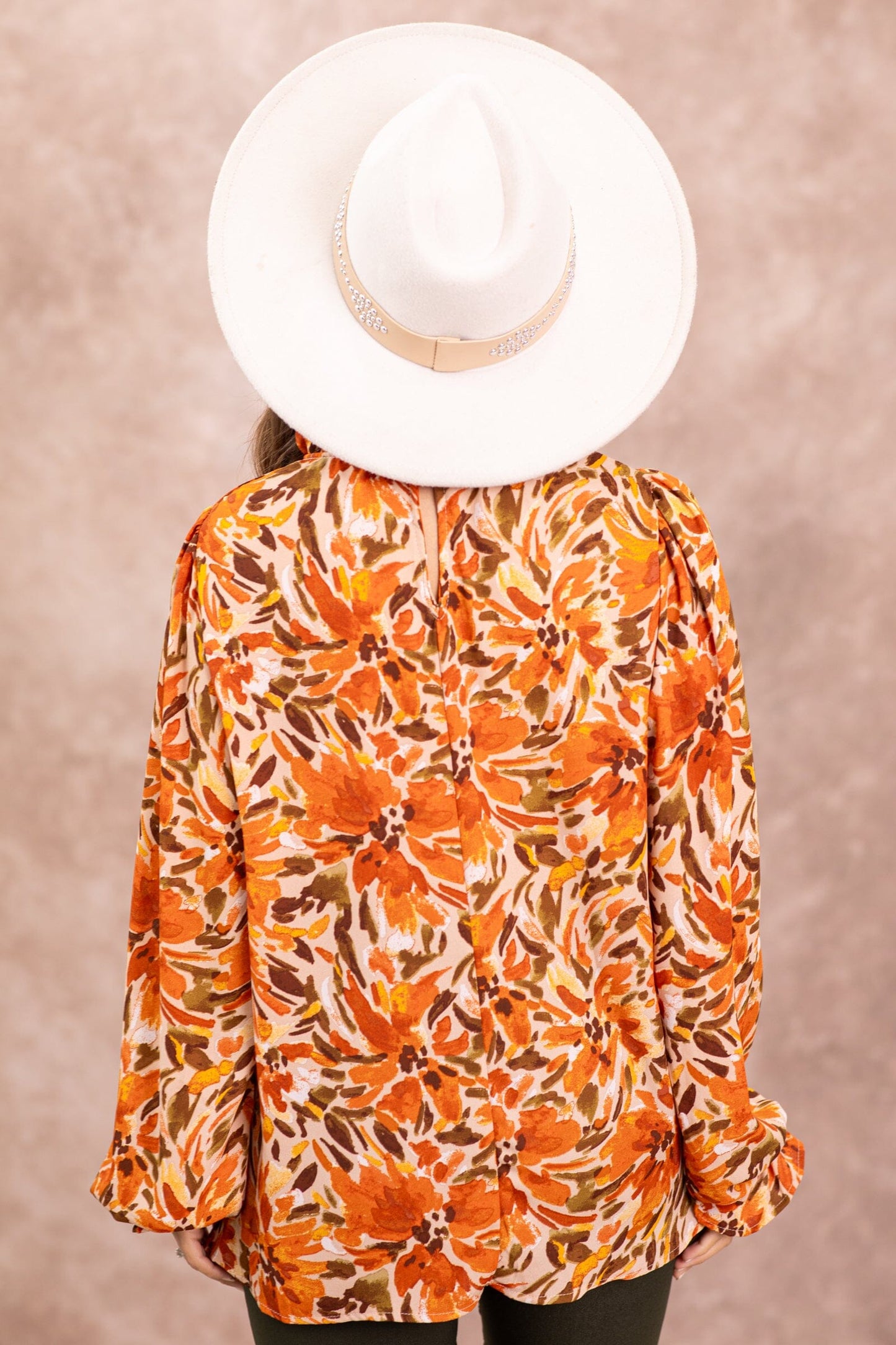 Orange and Tan Floral Print Smocked Cuff Top