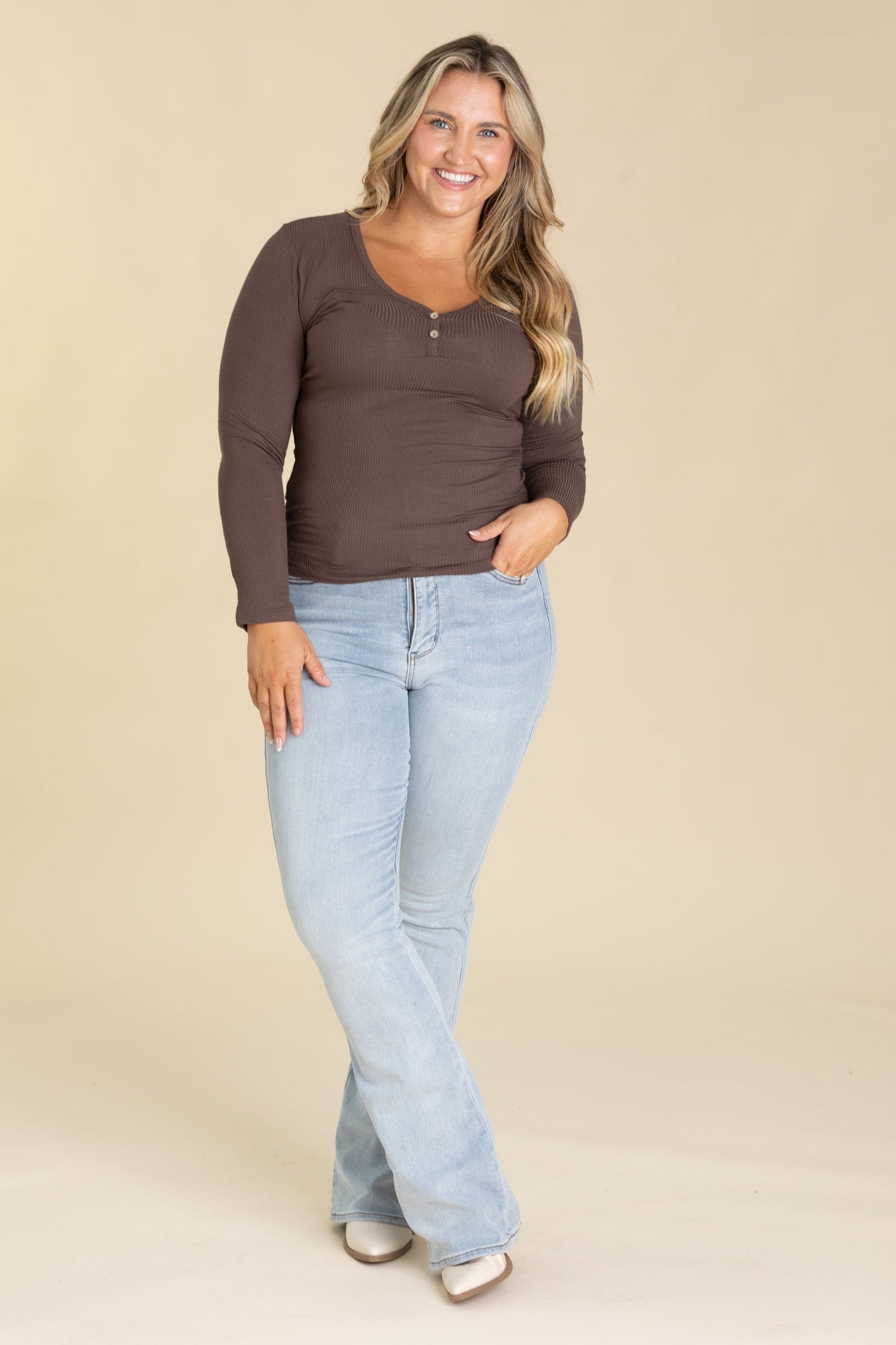 Ribbed V-Neck Knit Top With Buttons