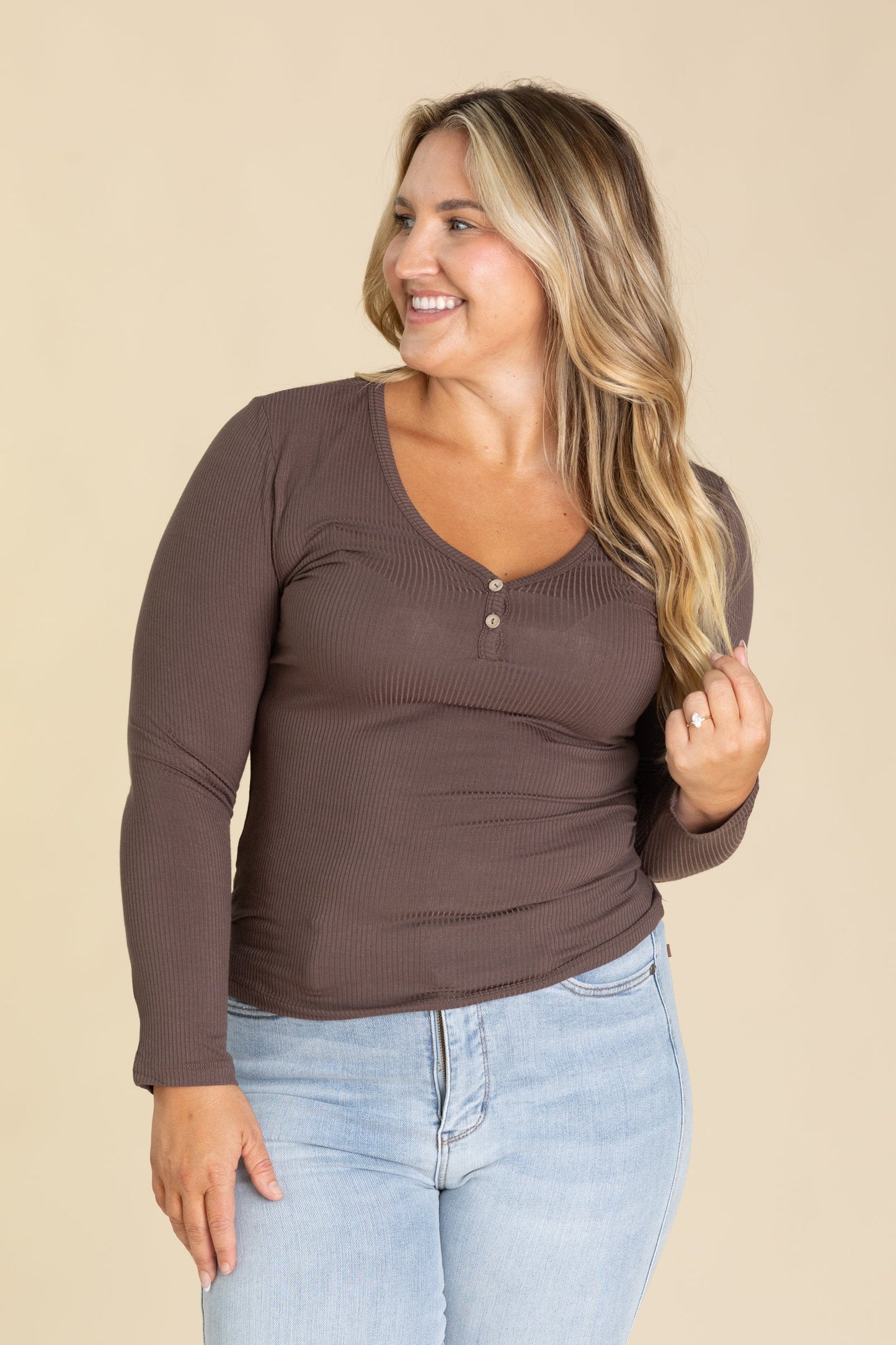 Ribbed V-Neck Knit Top With Buttons