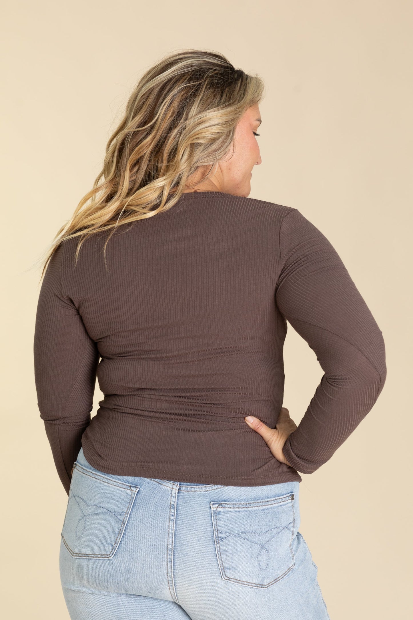 Ribbed V-Neck Knit Top With Buttons