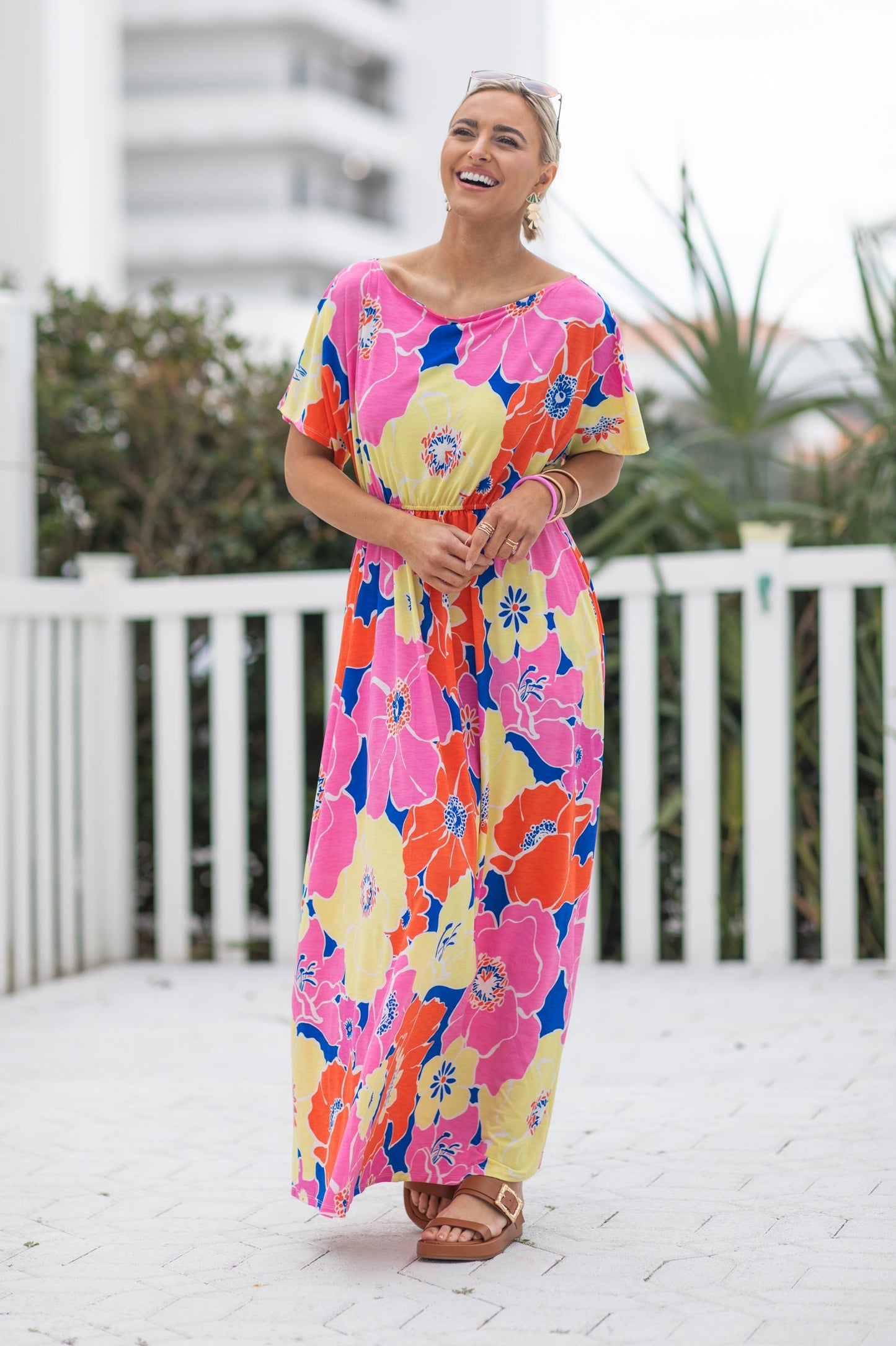 Pink Flower Print Boat Neck Maxi Dress