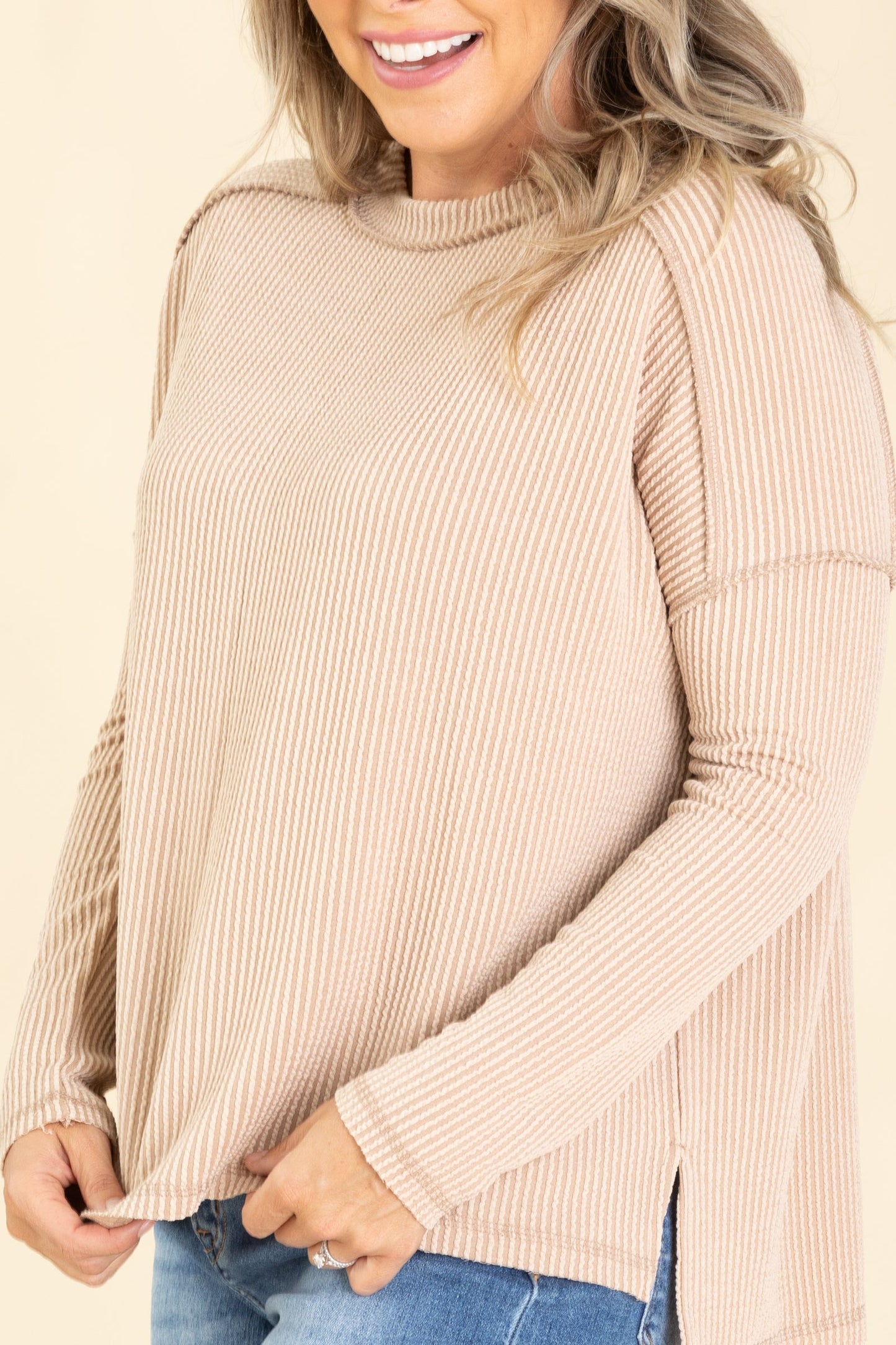 Raised Ribbed Raw Edge Long Sleeve Knit Top
