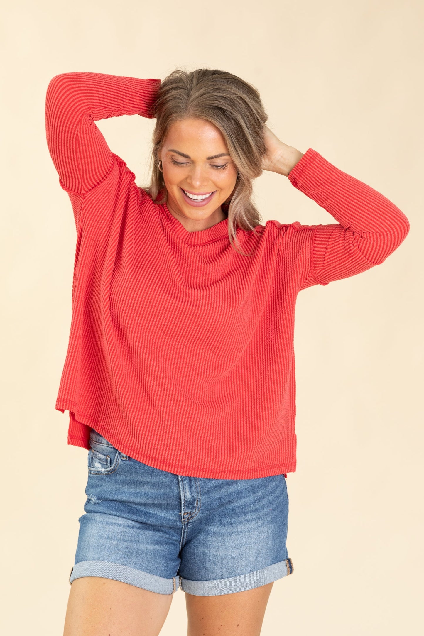 Raised Ribbed Raw Edge Long Sleeve Knit Top