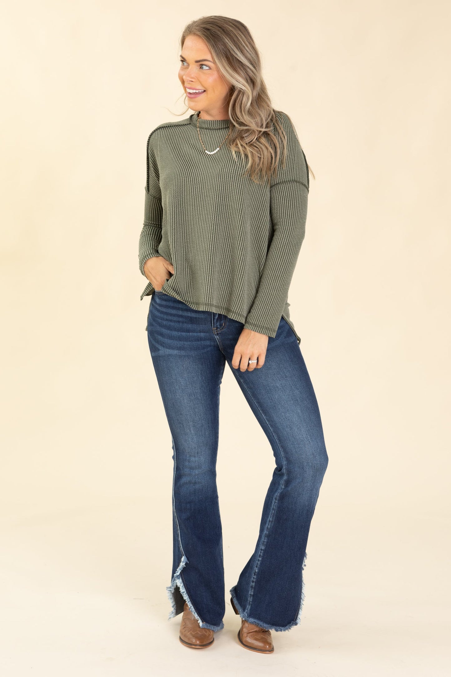 Raised Ribbed Raw Edge Long Sleeve Knit Top