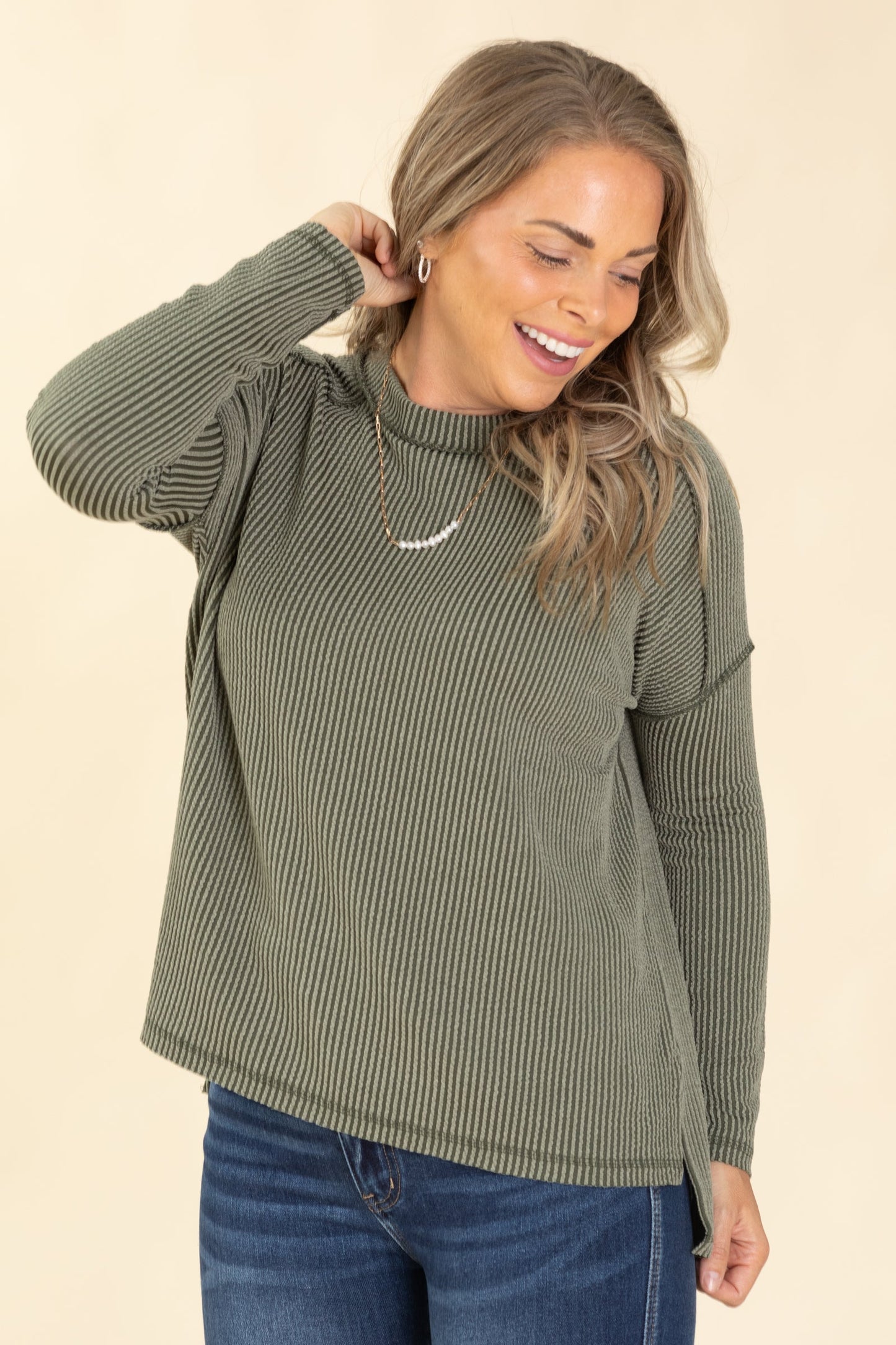 Raised Ribbed Raw Edge Long Sleeve Knit Top