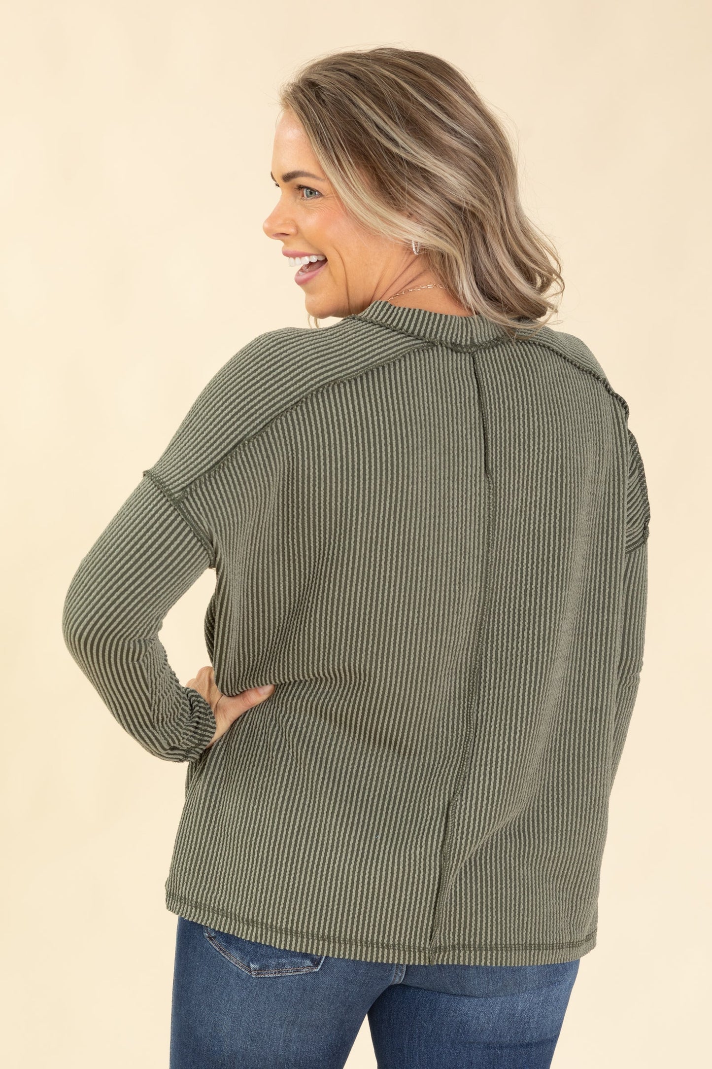 Raised Ribbed Raw Edge Long Sleeve Knit Top