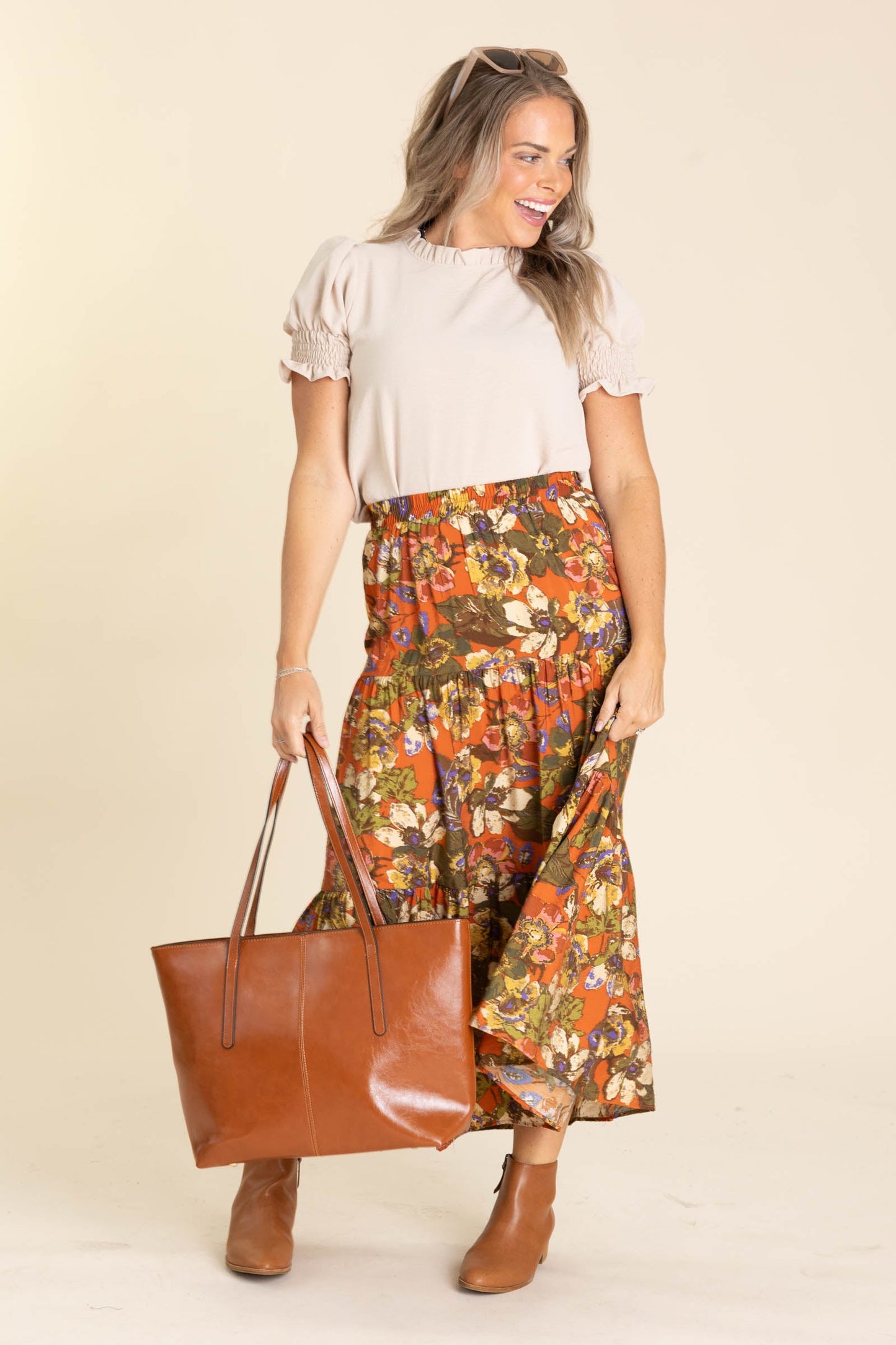 Sand Woven Top With Ruffled Neck And Sleeve