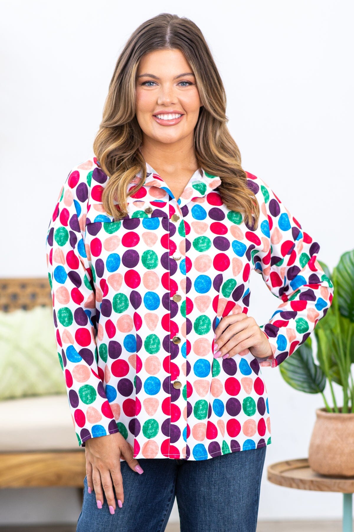 White Multicolor Polka Dot Roll Sleeve Top