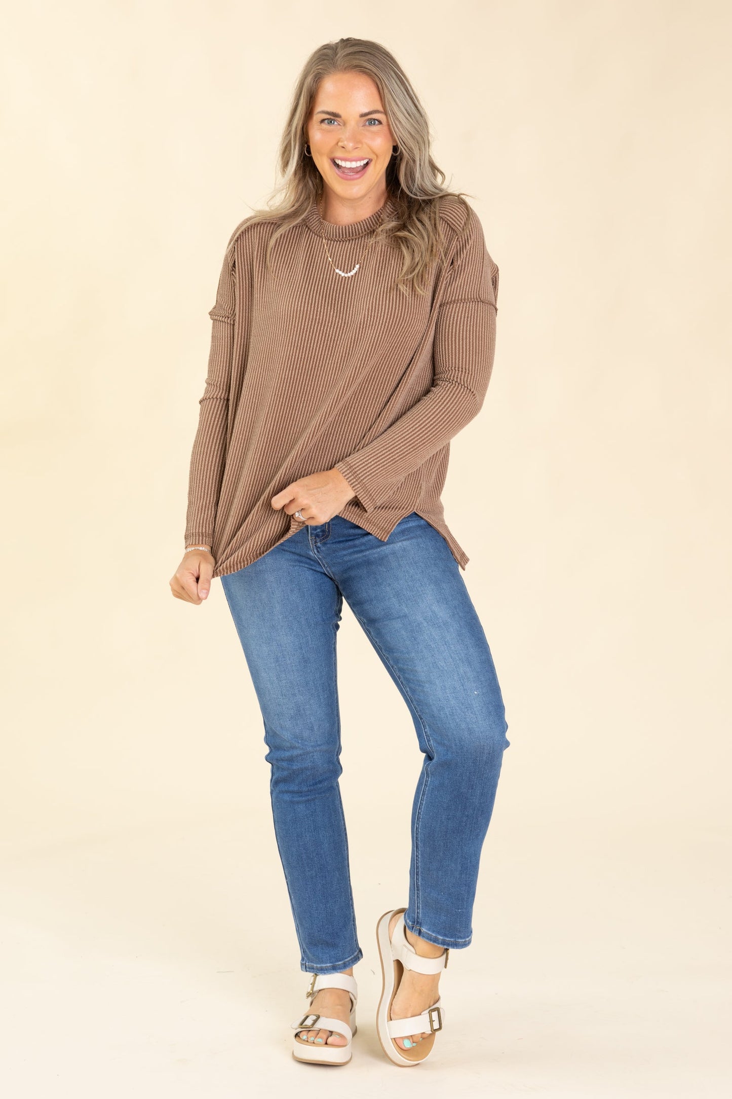 Raised Ribbed Raw Edge Long Sleeve Knit Top