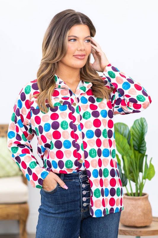 White Multicolor Polka Dot Roll Sleeve Top