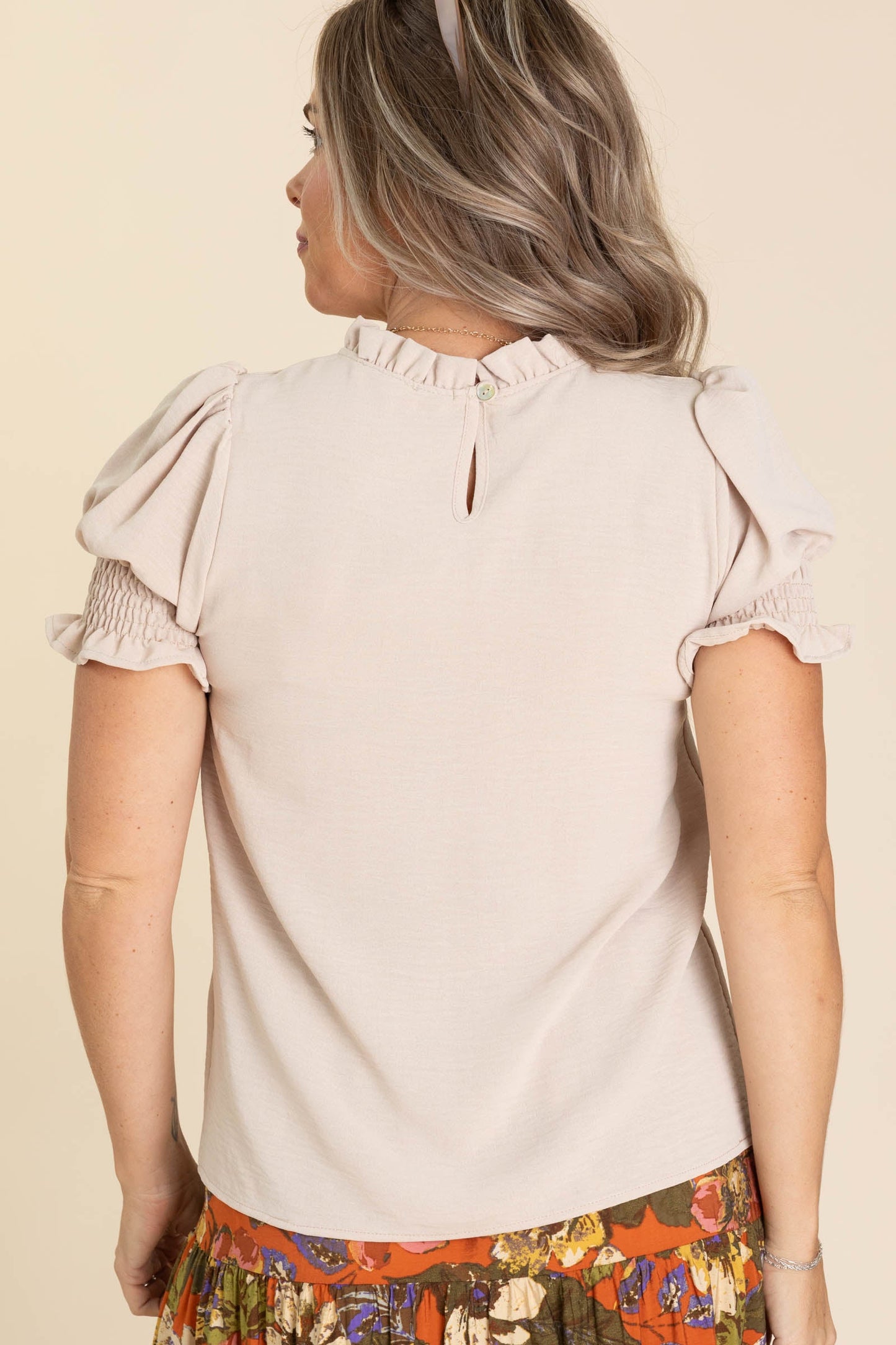 Sand Woven Top With Ruffled Neck And Sleeve