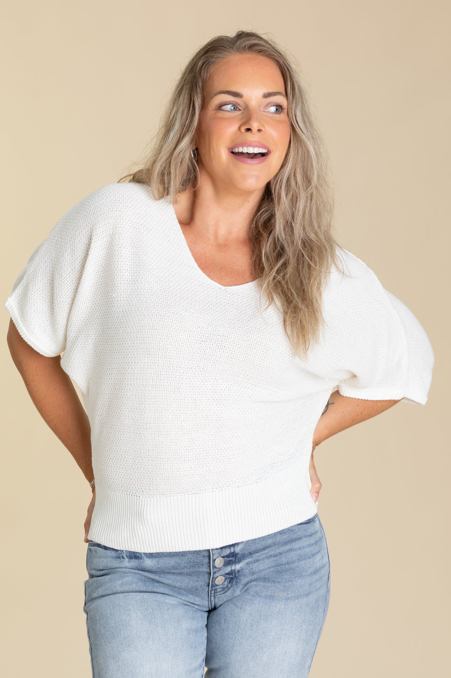 V-Neck Short Sleeve Dolman Knit Sweater Tops