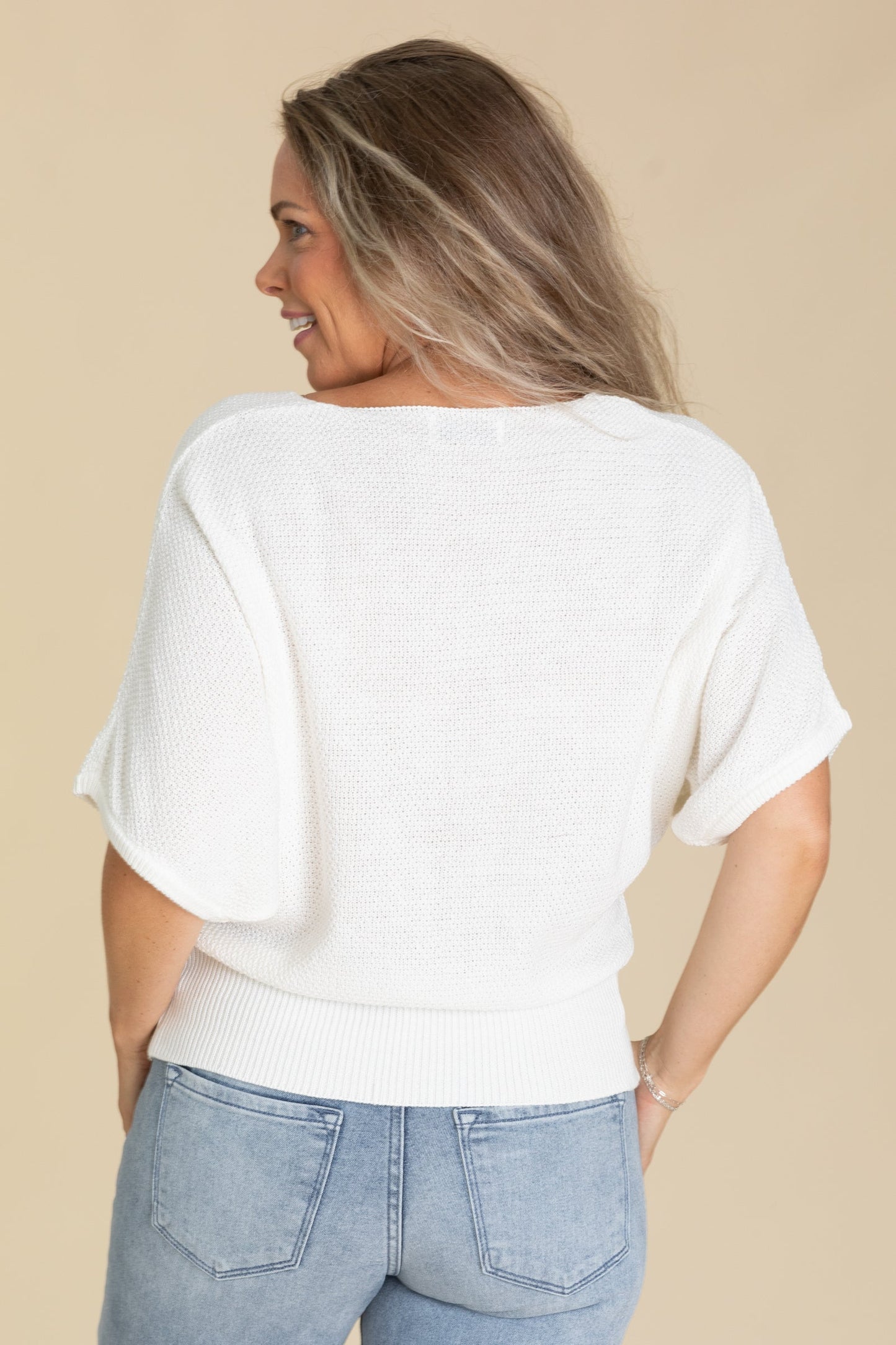 V-Neck Short Sleeve Dolman Knit Sweater Tops